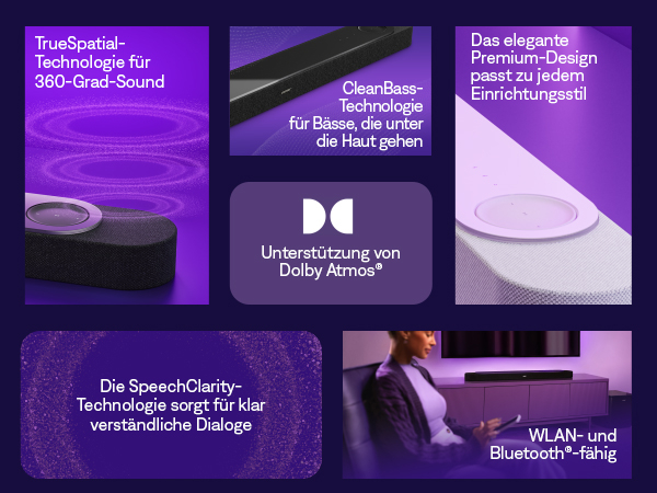 Eine Collage zeigt Lautsprecher-Technologien wie TrueSpatial, CleanBass, Dolby Atmos und SpeechClarity.