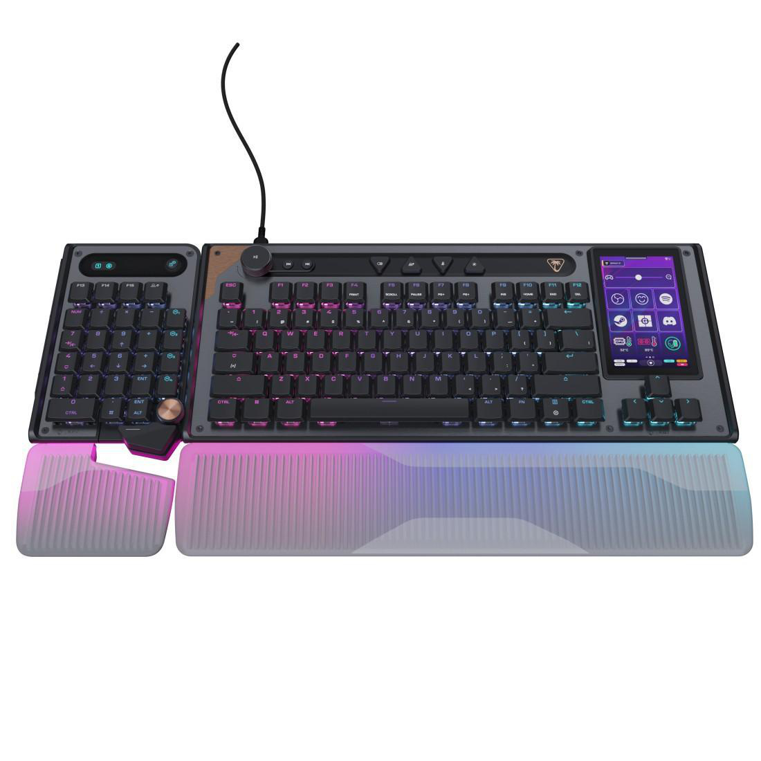 Eine schwarze mechanische Tastatur mit Ziffernblock, RGB-Beleuchtung und kleinem Bildschirm.