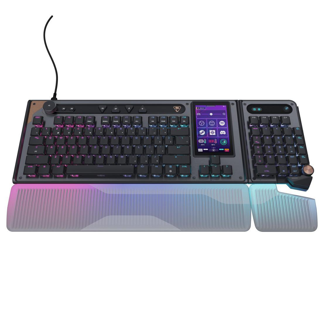 Eine schwarze Gaming-Tastatur mit RGB-Beleuchtung und kleinem Bildschirm.