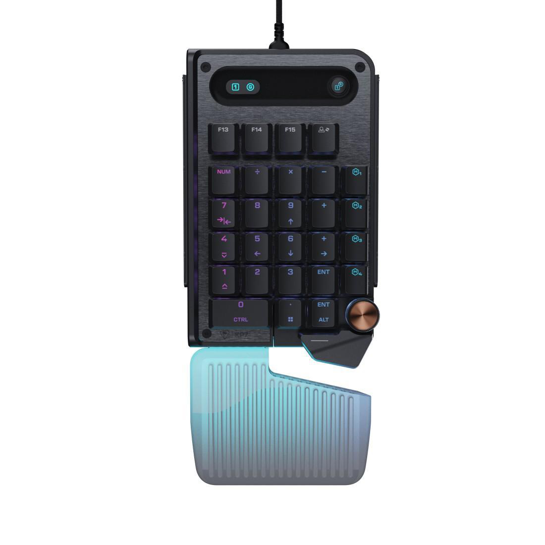 Eine schwarze Tastatur mit Zahlenblock, Funktionstasten und Handgelenkauflage.