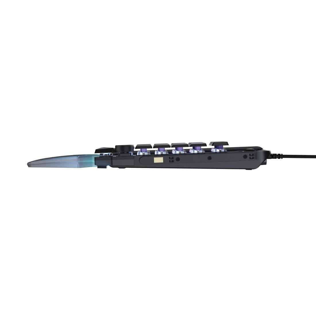 Schwarze Tastatur mit beleuchteten Tasten und einem schrägen blauen Lichtstreifen.