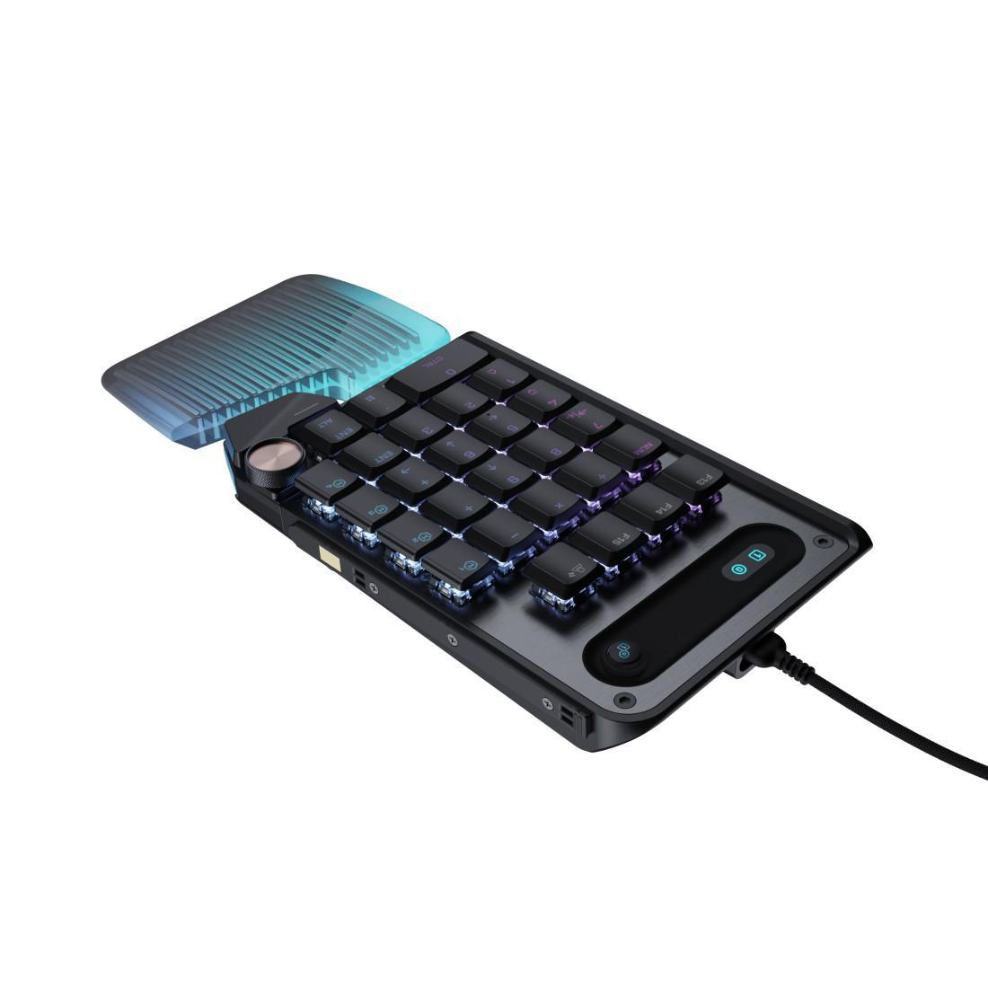 Eine schwarze Tastatur mit beleuchteten Tasten und einer ausziehbaren blauen Oberseite.