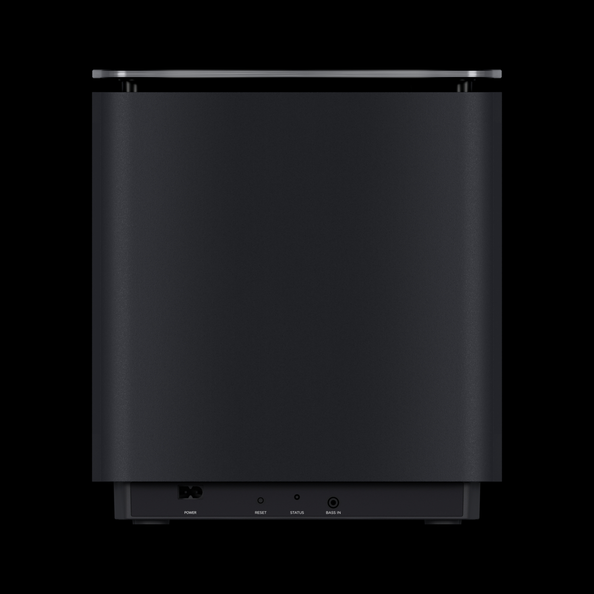 Schwarzer Subwoofer mit Anschlüssen: Power, Reset, Status, Bass In.