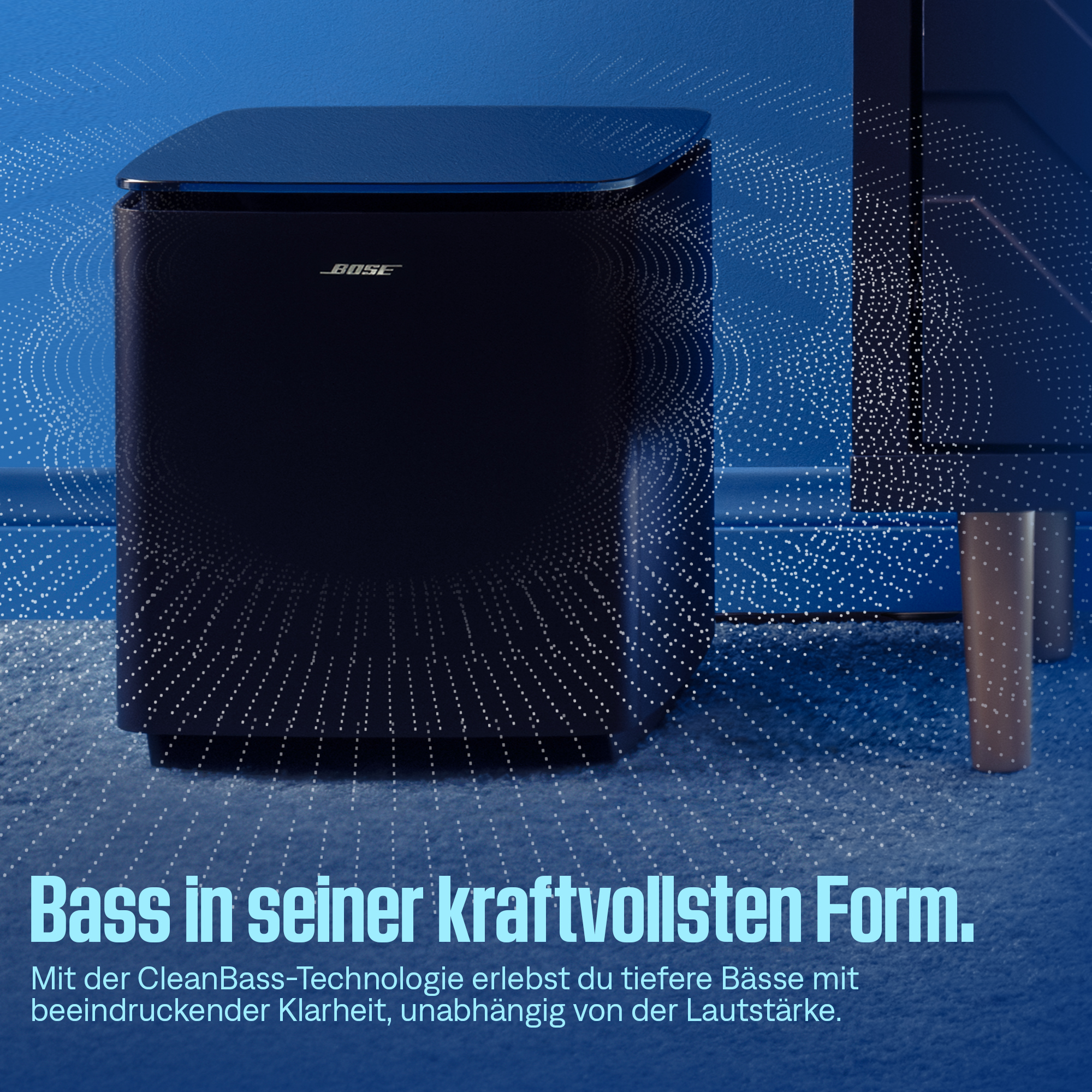 Ein schwarzer Bose Subwoofer mit stilisierten weißen Lichtpunkten.