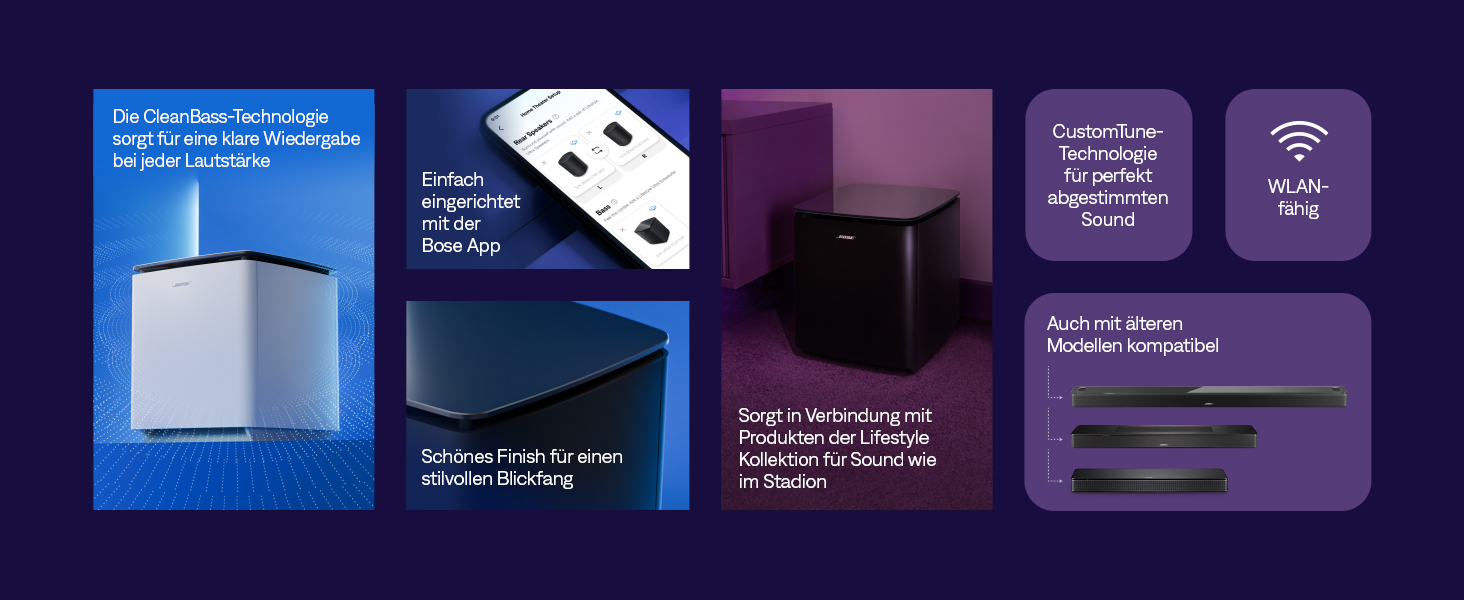 Bose Lautsprecher und App-Einrichtung mit CleanBass-Technologie und WLAN.