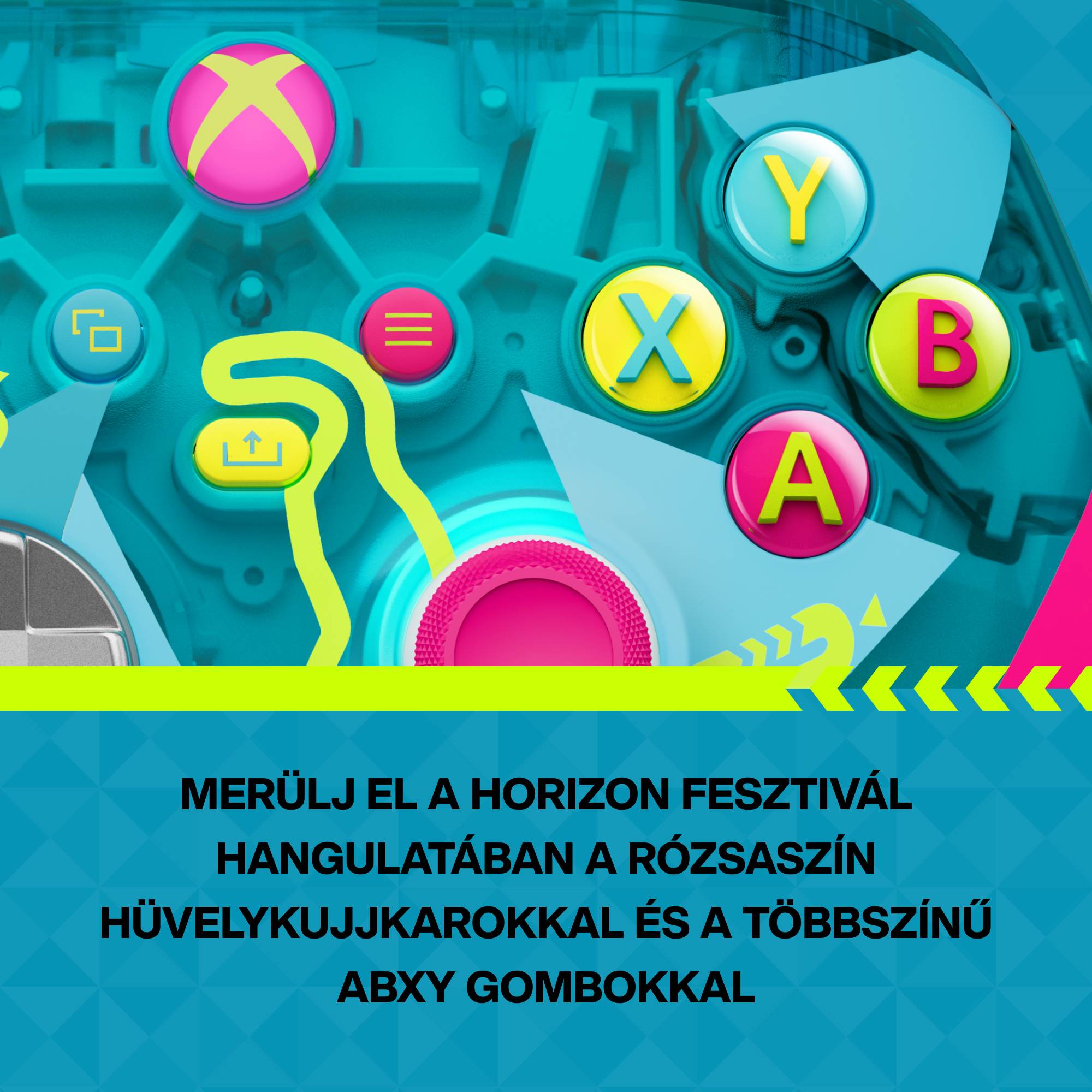 Közeli kép egy vezérlőről, színes ABXY gombokkal és rózsaszín joystickkal.