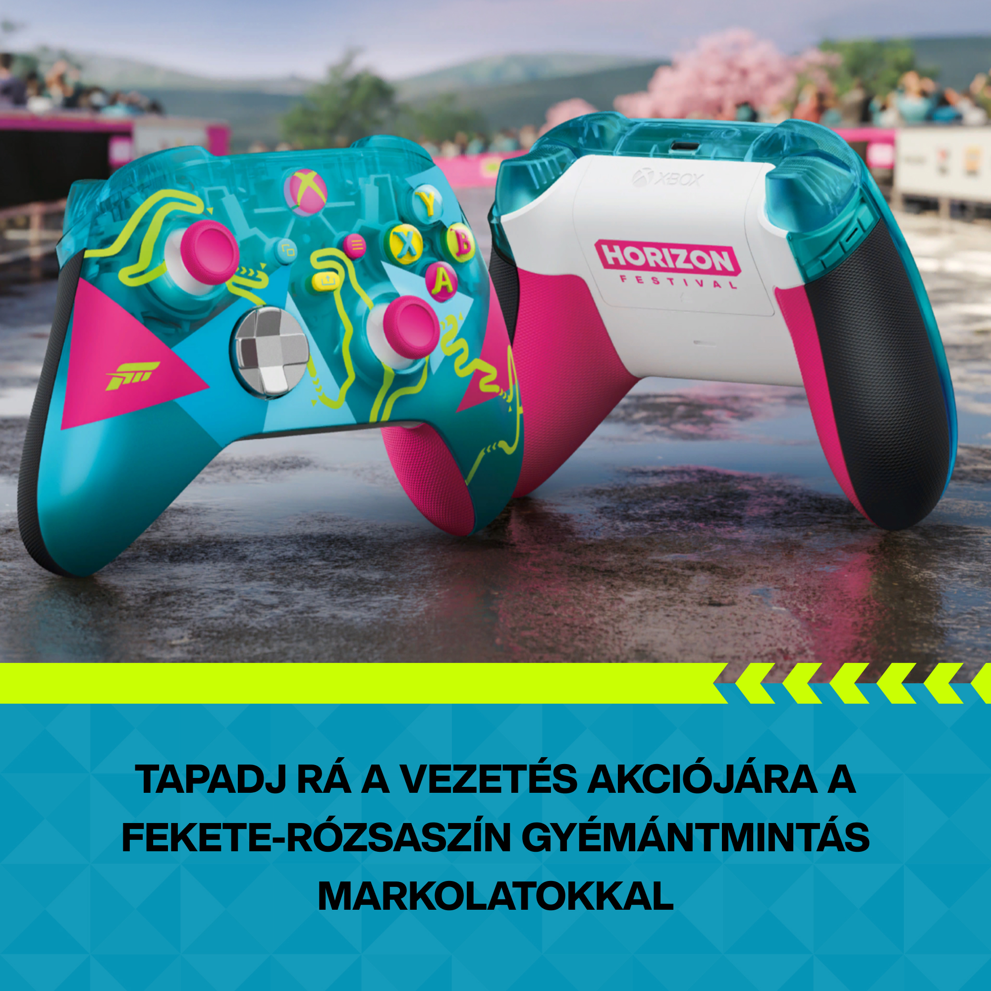 Két színes Xbox kontroller „Horizon Festival” mintával nedves felületen.