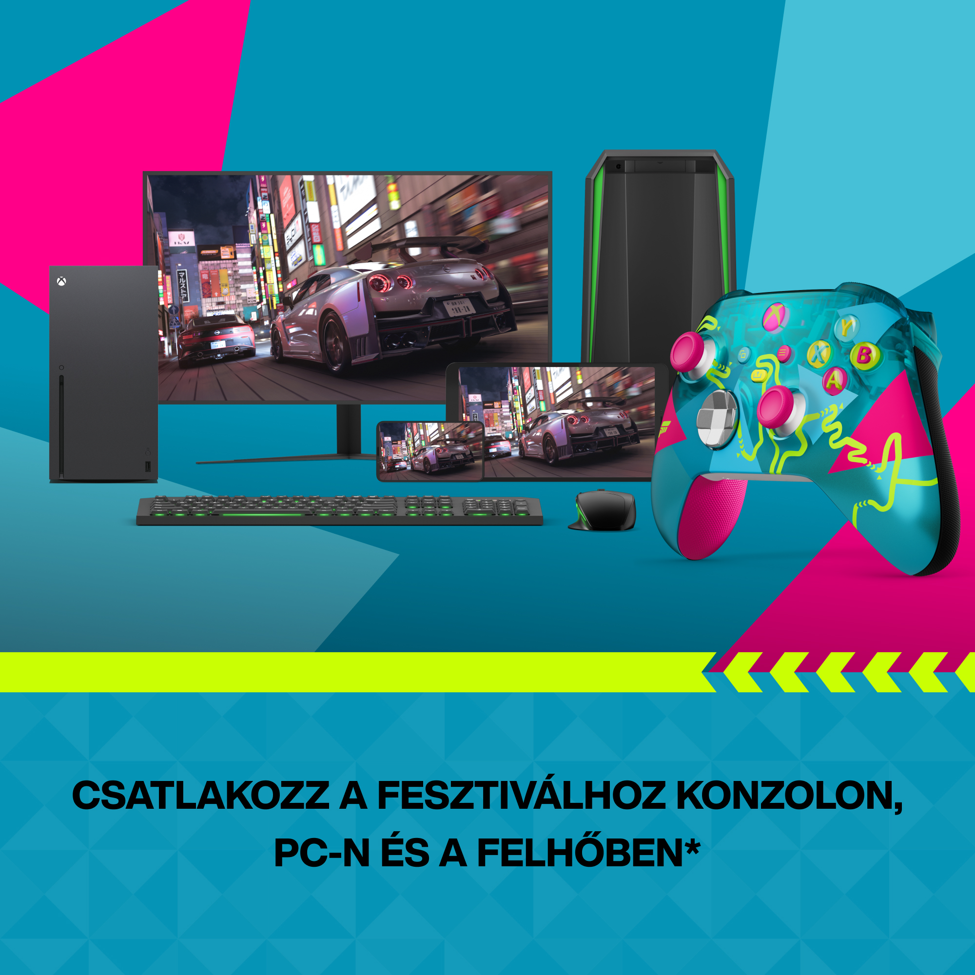 Játékbeállítás Xbox Series X, PC, kontroller, billentyűzet, egér és monitor.