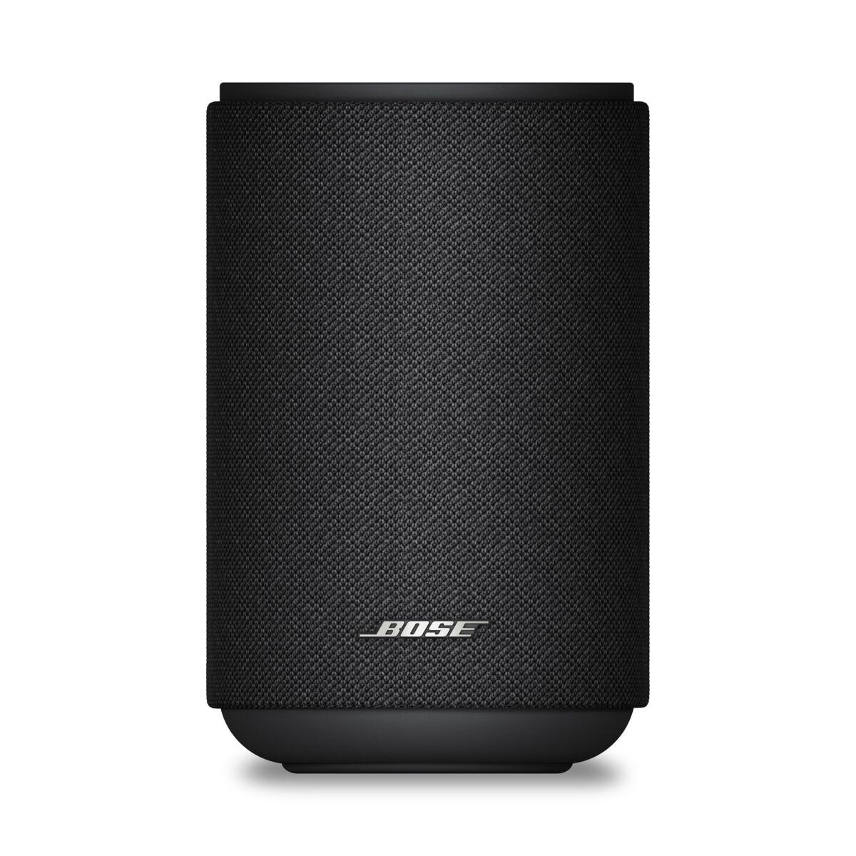 Schwarzer Bose Lautsprecher mit Stoffbezug und silbernem Logo auf weißem Hintergrund.