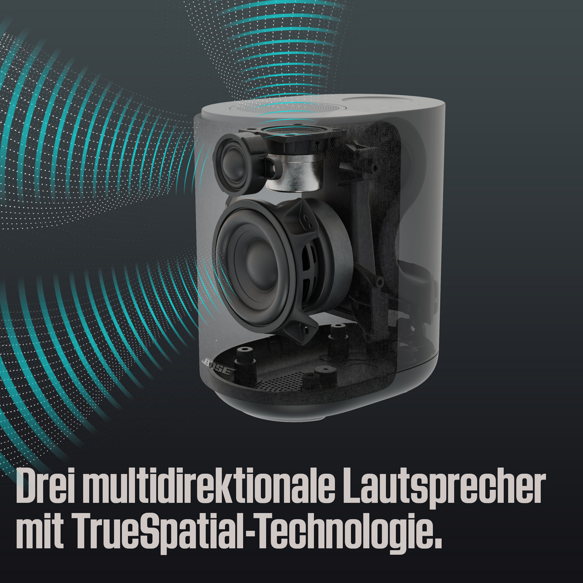 Bose Lautsprecher mit drei Treibern und TrueSpatial Technologie, schematisch.