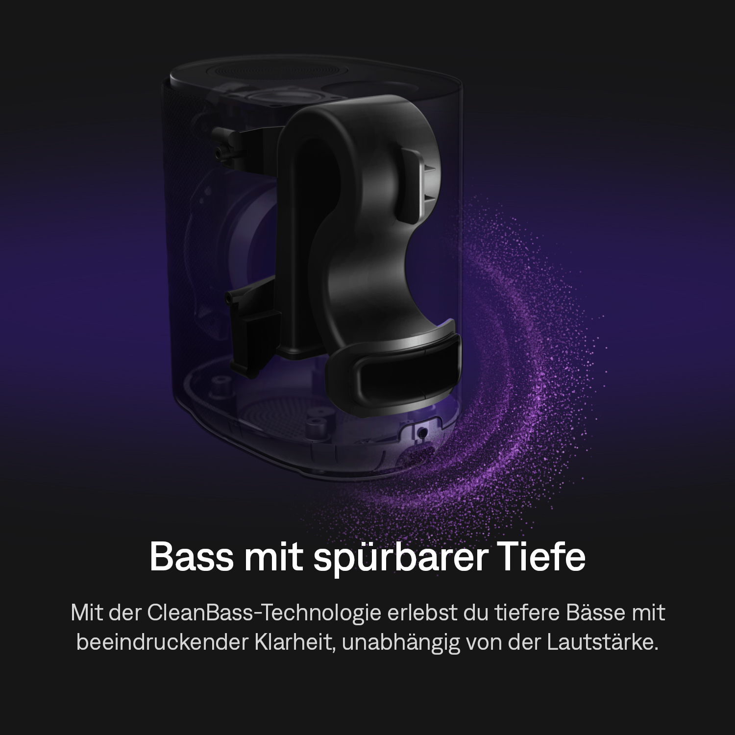 Ein schwarzer Lautsprecher mit transparentem Gehäuse und lila Partikeln.