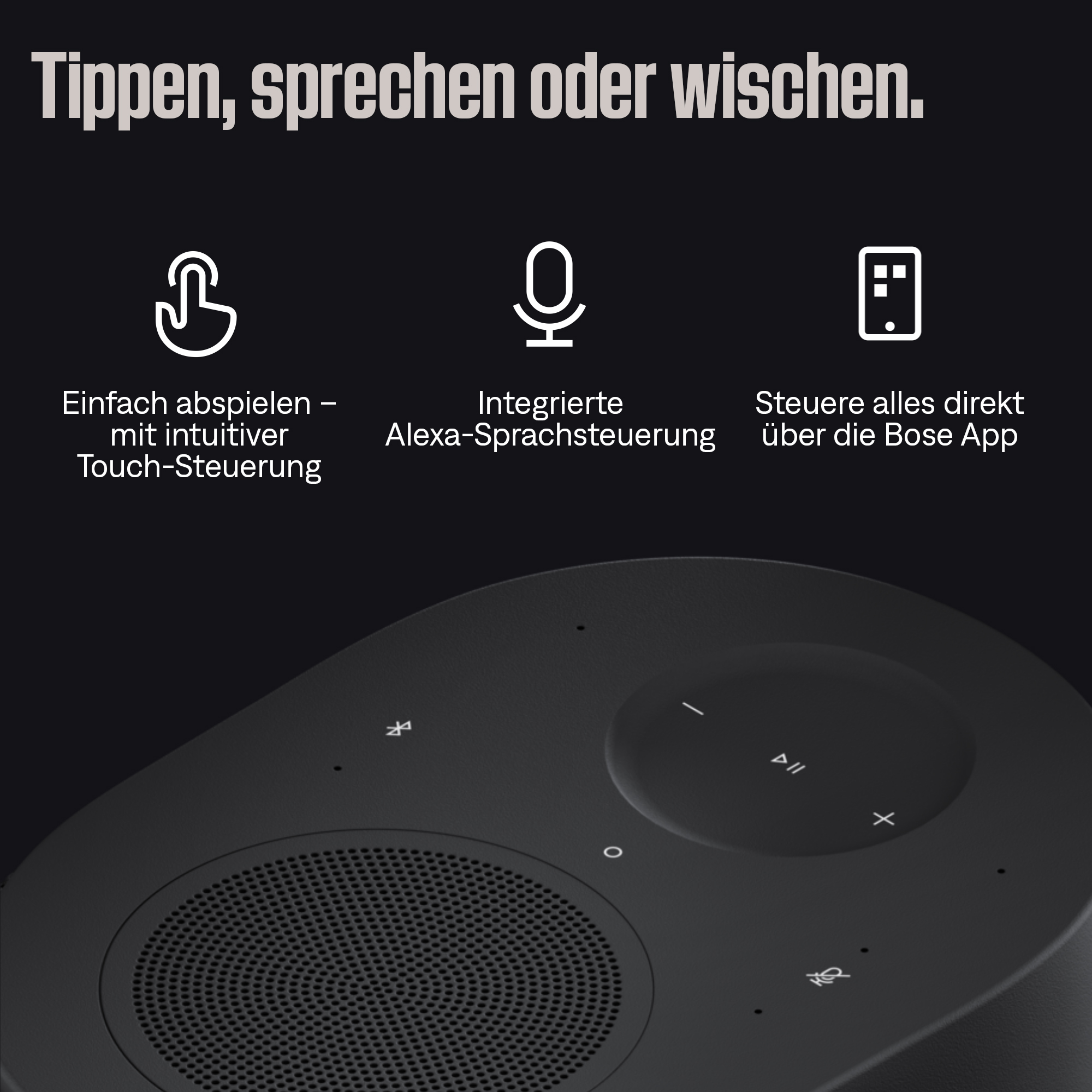 Bose Lautsprecher mit Symbolen für Touch-, Sprach- und App-Steuerung.