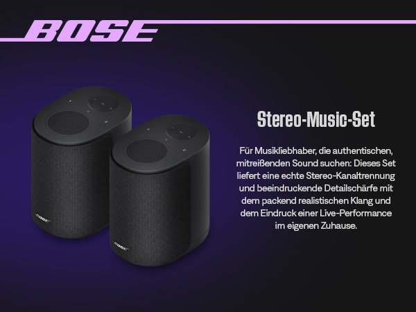 Zwei schwarze Bose Lautsprecher mit dem Bose Logo.