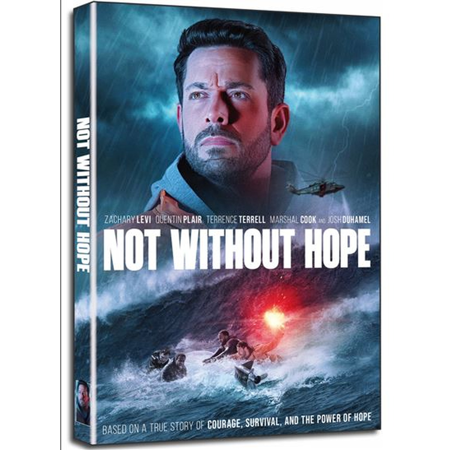 Man op een filmposter met stormachtige lucht, helikopter en boot.