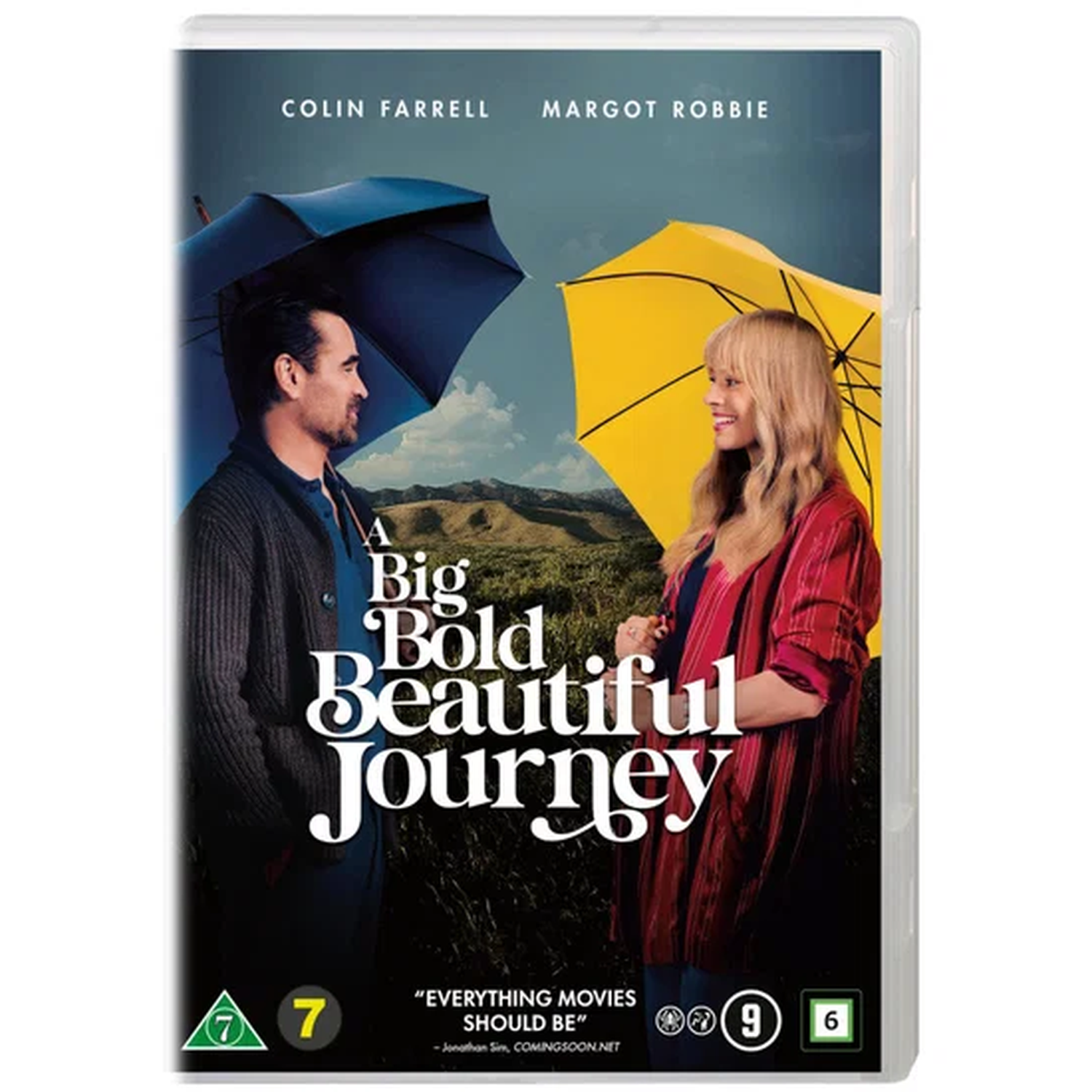 Un homme et une femme sous des parapluies. Colin Farrell et Margot Robbie.
