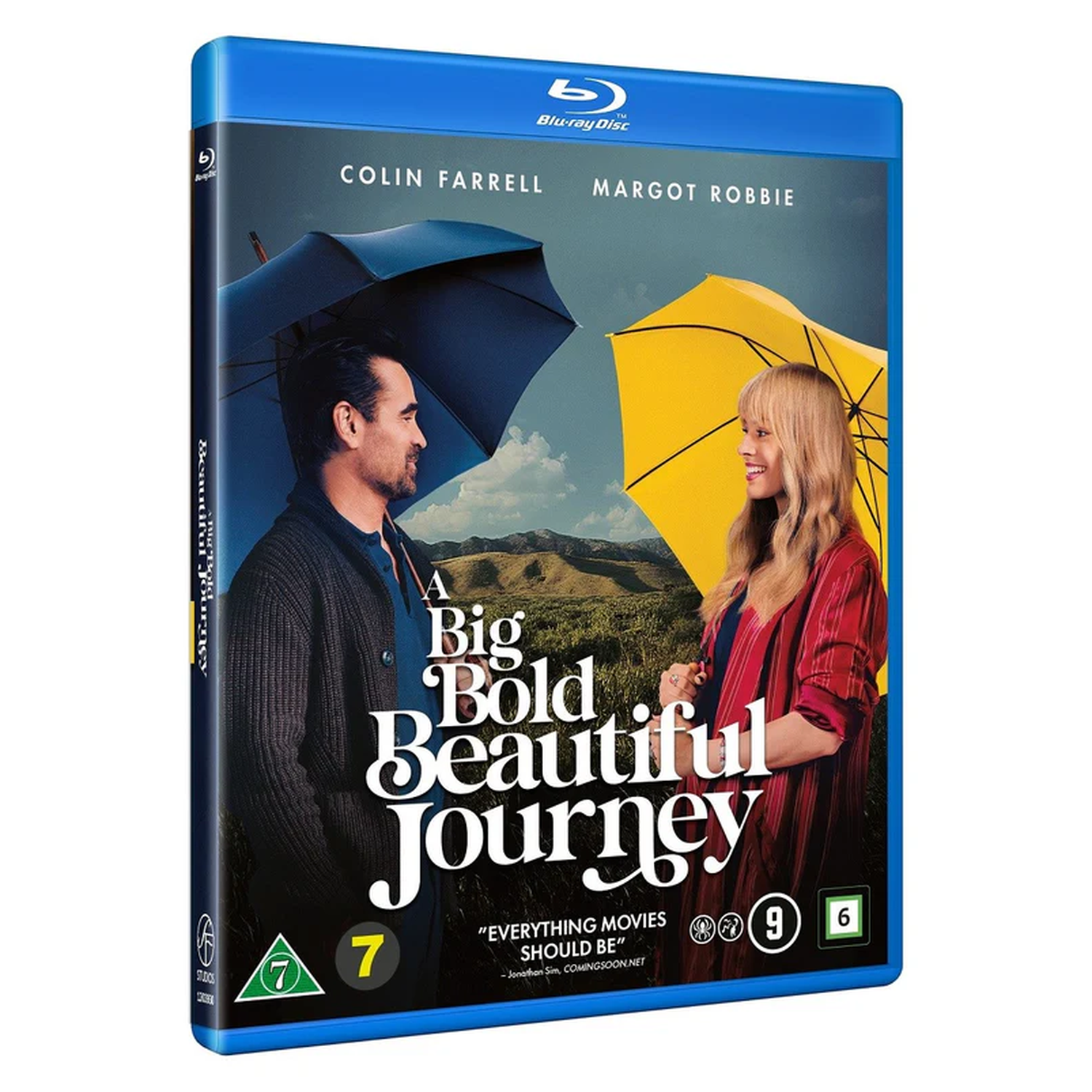 Couverture Blu-ray: Colin Farrell et Margot Robbie sous des parapluies, titre 'A Big Bold Beautiful Journey'.