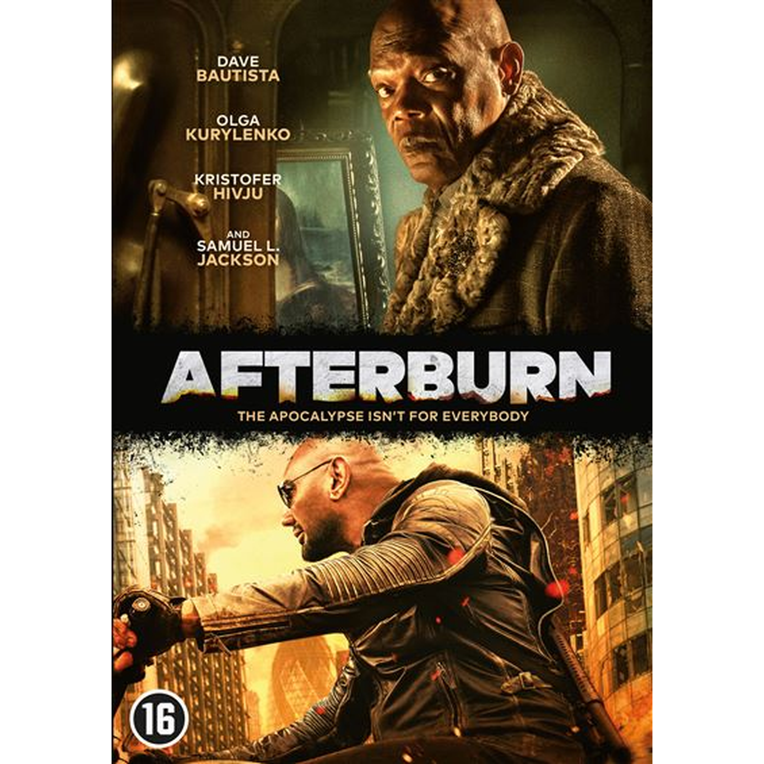 Affiche de film avec Samuel L. Jackson et Dave Bautista, intitulée 'Afterburn'.