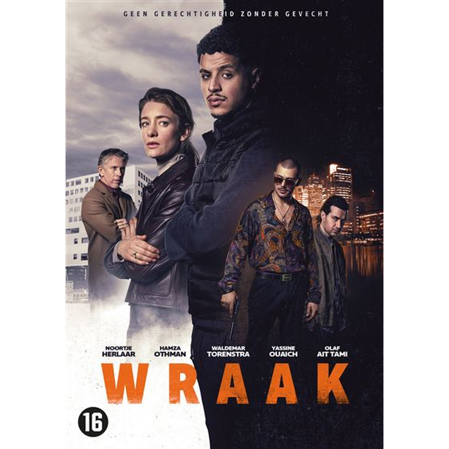 Cinq personnes posent devant des paysages urbains, le titre 'WRAAK' est bien visible.
