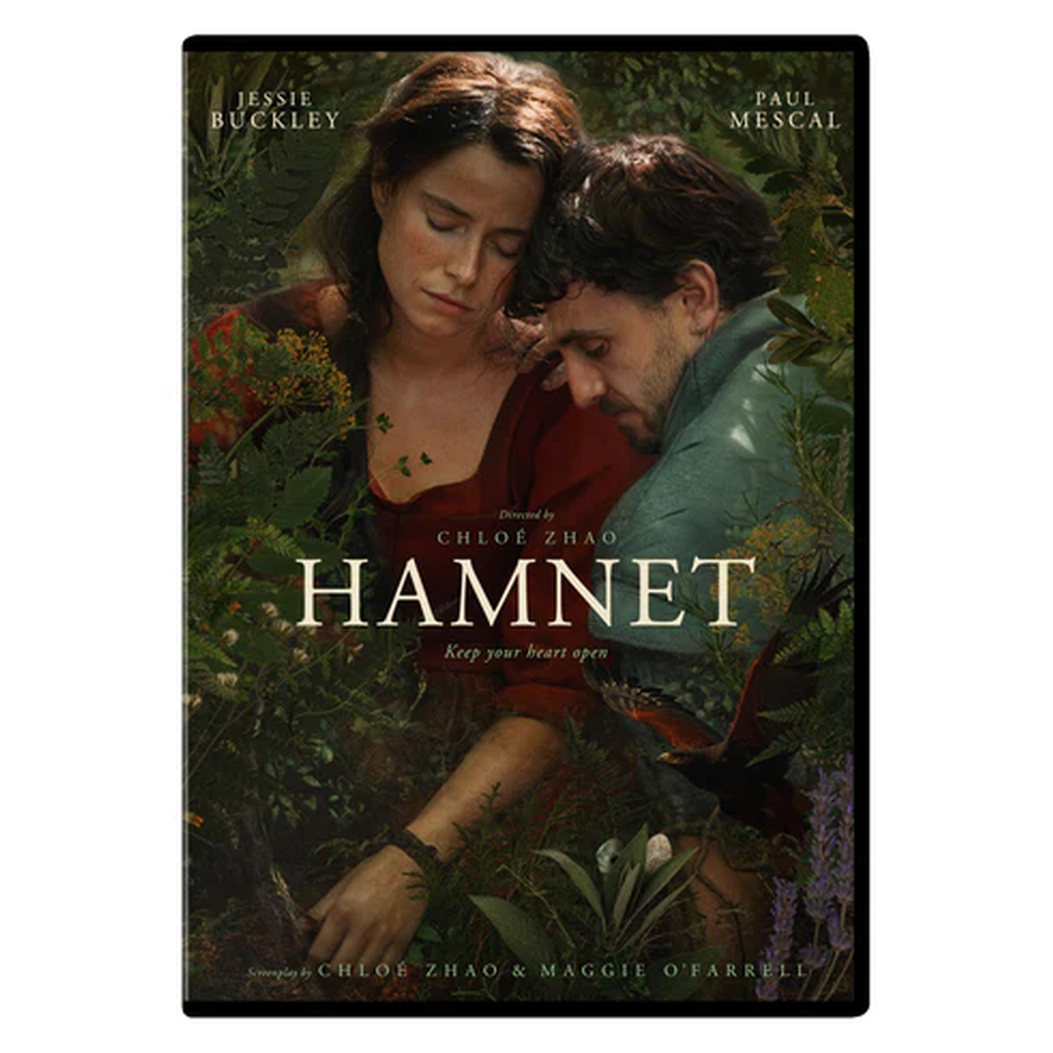 Jessie Buckley et Paul Mescal sur une affiche de film pour HAMNET au milieu de la verdure.
