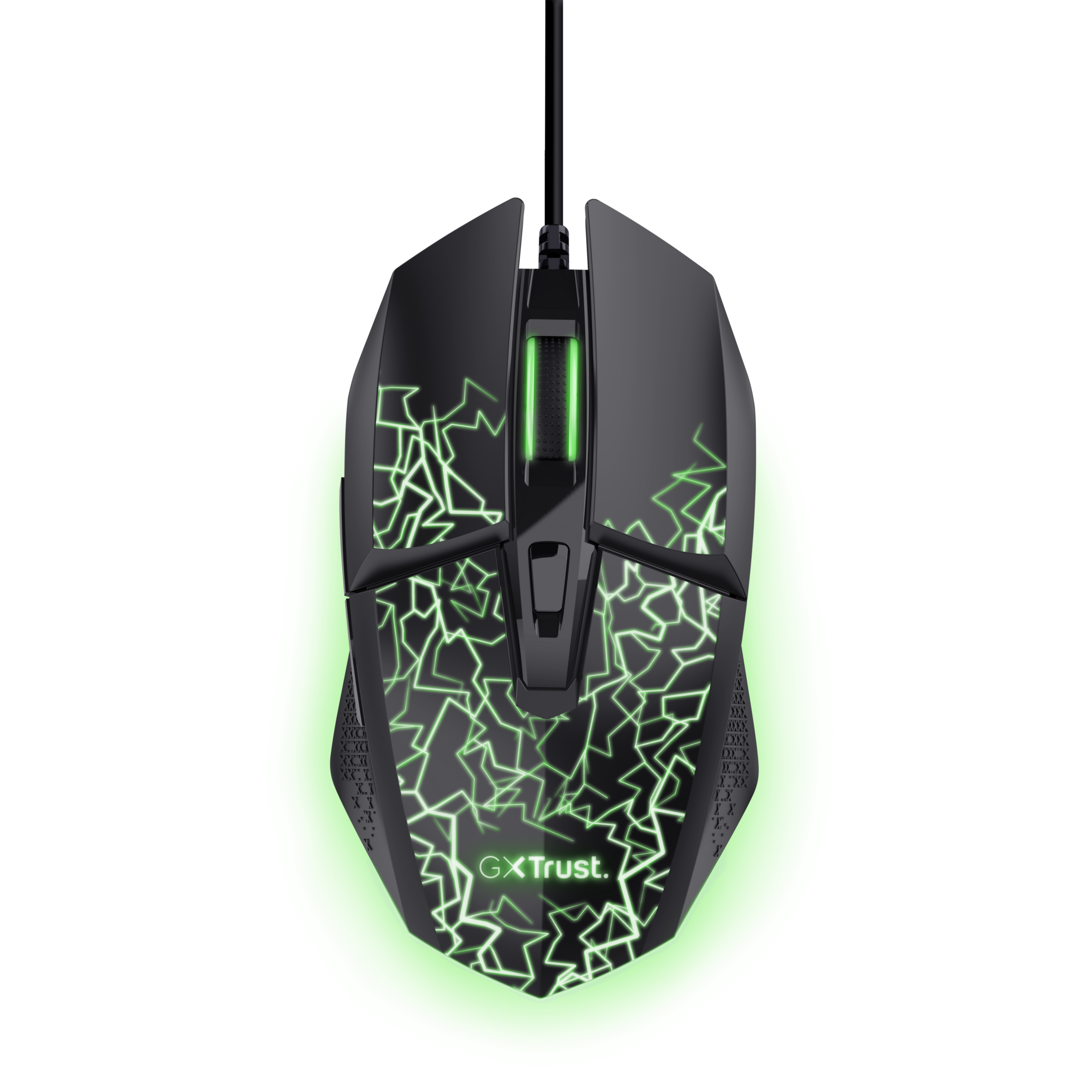 Fekete gamer egér zöld villám mintákkal és világítással.