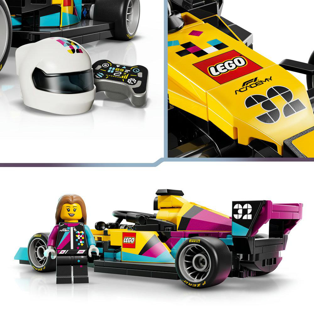 Lego F1-Auto mit Fahrer, Helm und Controller. Gelb, schwarz, pinkes Design.