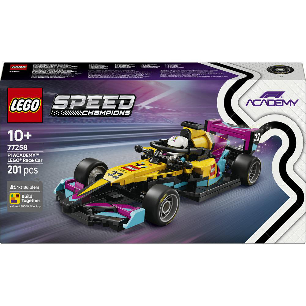 LEGO F1 Academy Rennwagen-Set mit gelbem Auto, lila Flügeln und blauen Akzenten.