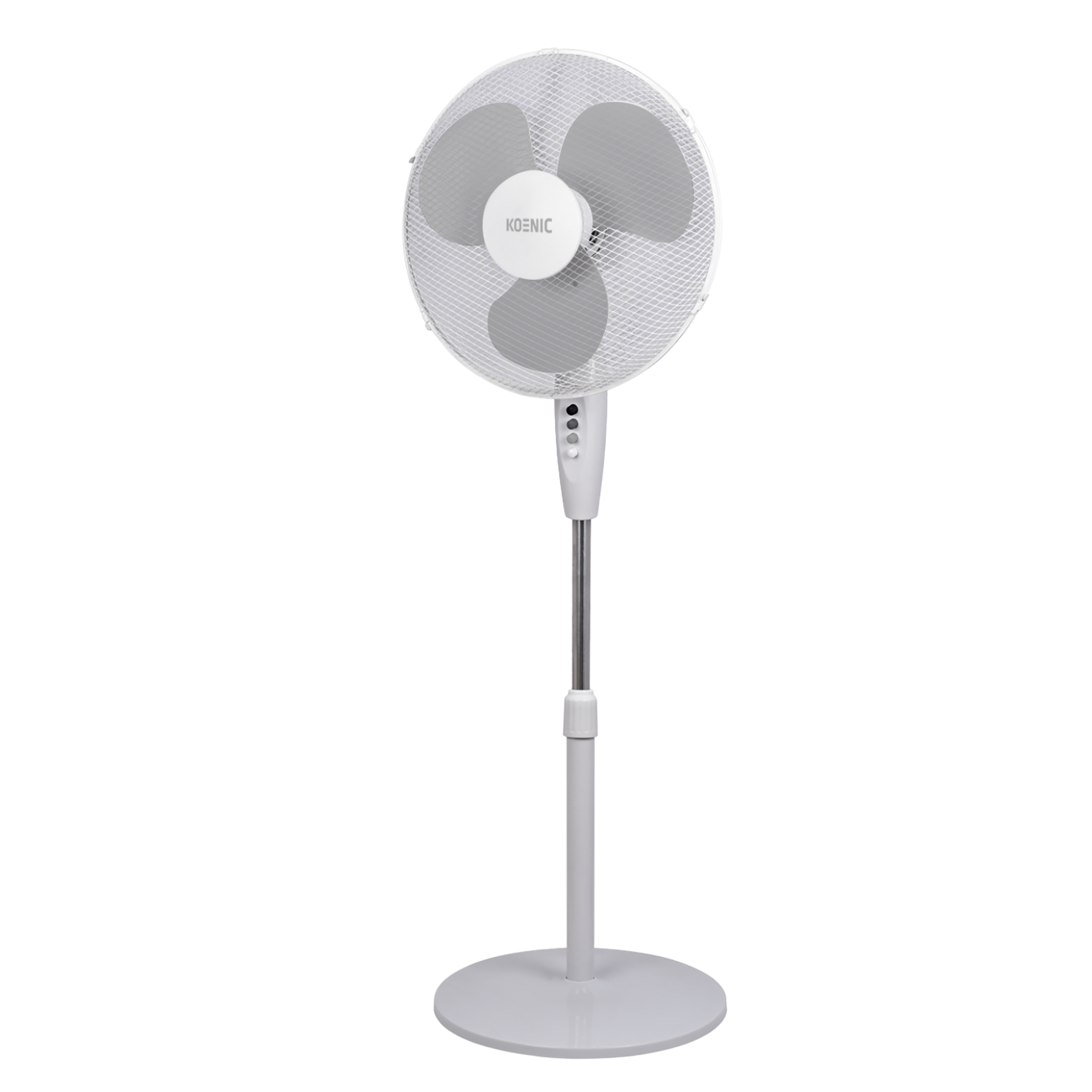 Un ventilador de pedestal blanco con tres aspas grises y una base redonda.
