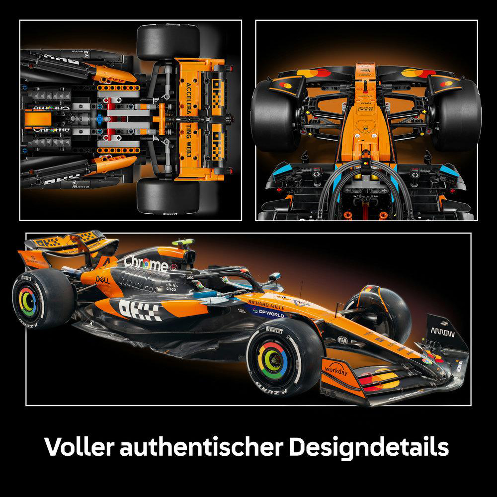 Orange und schwarzer Formel-1-Rennwagen mit detailliertem Aufbau und Cockpit.