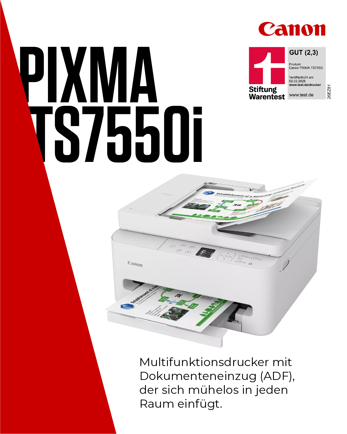 Weißer Canon Pixma TS7550i Drucker mit Dokumenten.