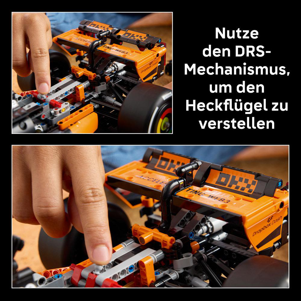 Ein Kind bedient den DRS-Mechanismus eines orangefarbenen LEGO-Rennwagens.