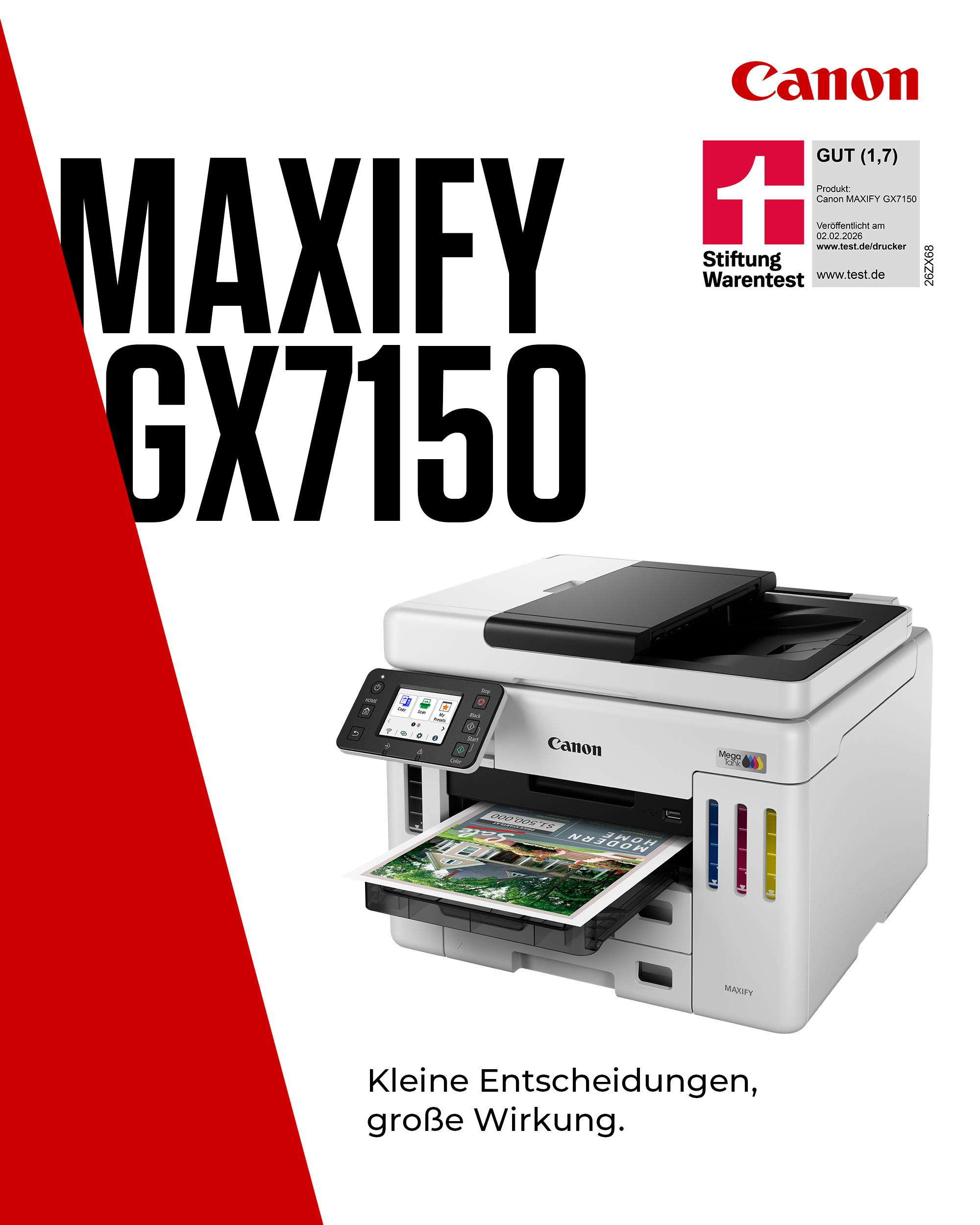Canon MAXIFY GX7150 Drucker mit Bedienfeld und bedrucktem Papier.