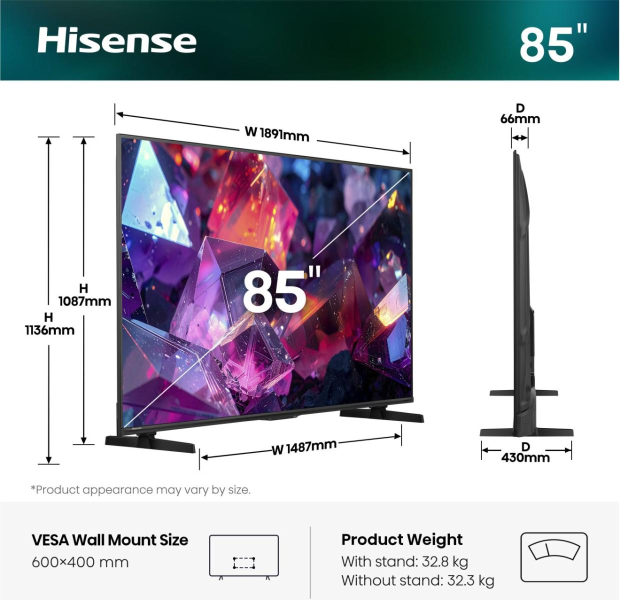 Telewizor Hisense 85 cali z wymiarami i wagą.