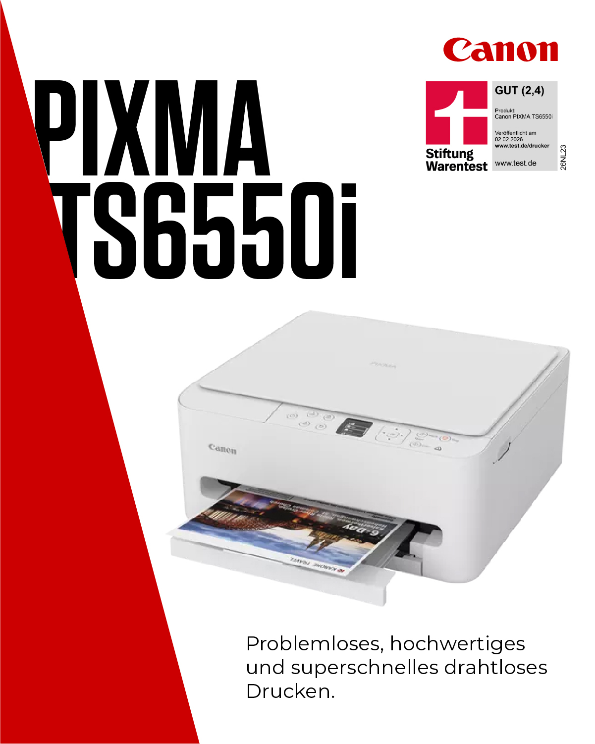 Ein weißer Canon Pixma TS6550i Drucker druckt ein Bild mit der Aufschrift '6-DAY TRAVEL'.