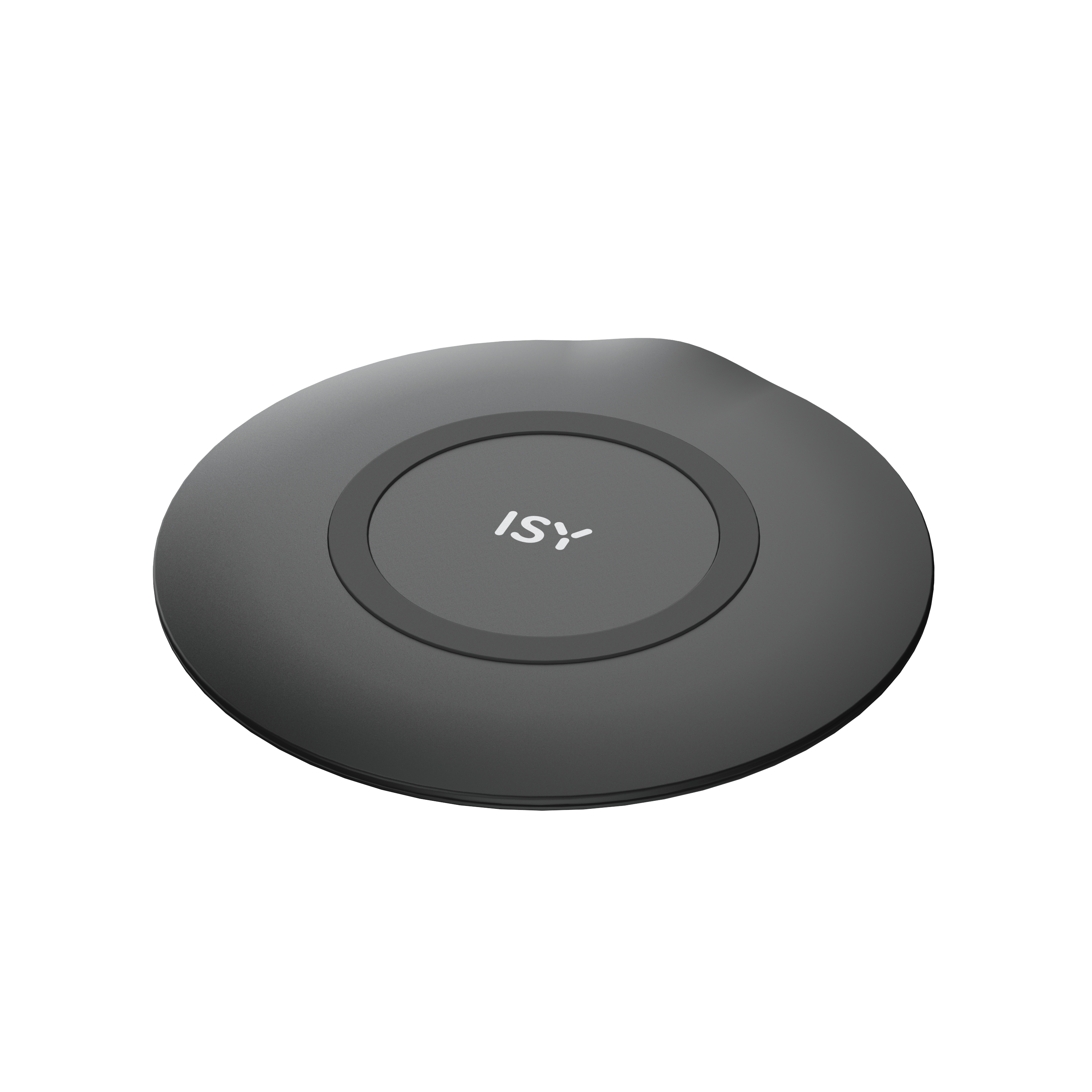 Schwarzes, rundes ISY-Ladegerät auf schwarzem Hintergrund. Minimalistisches Design.