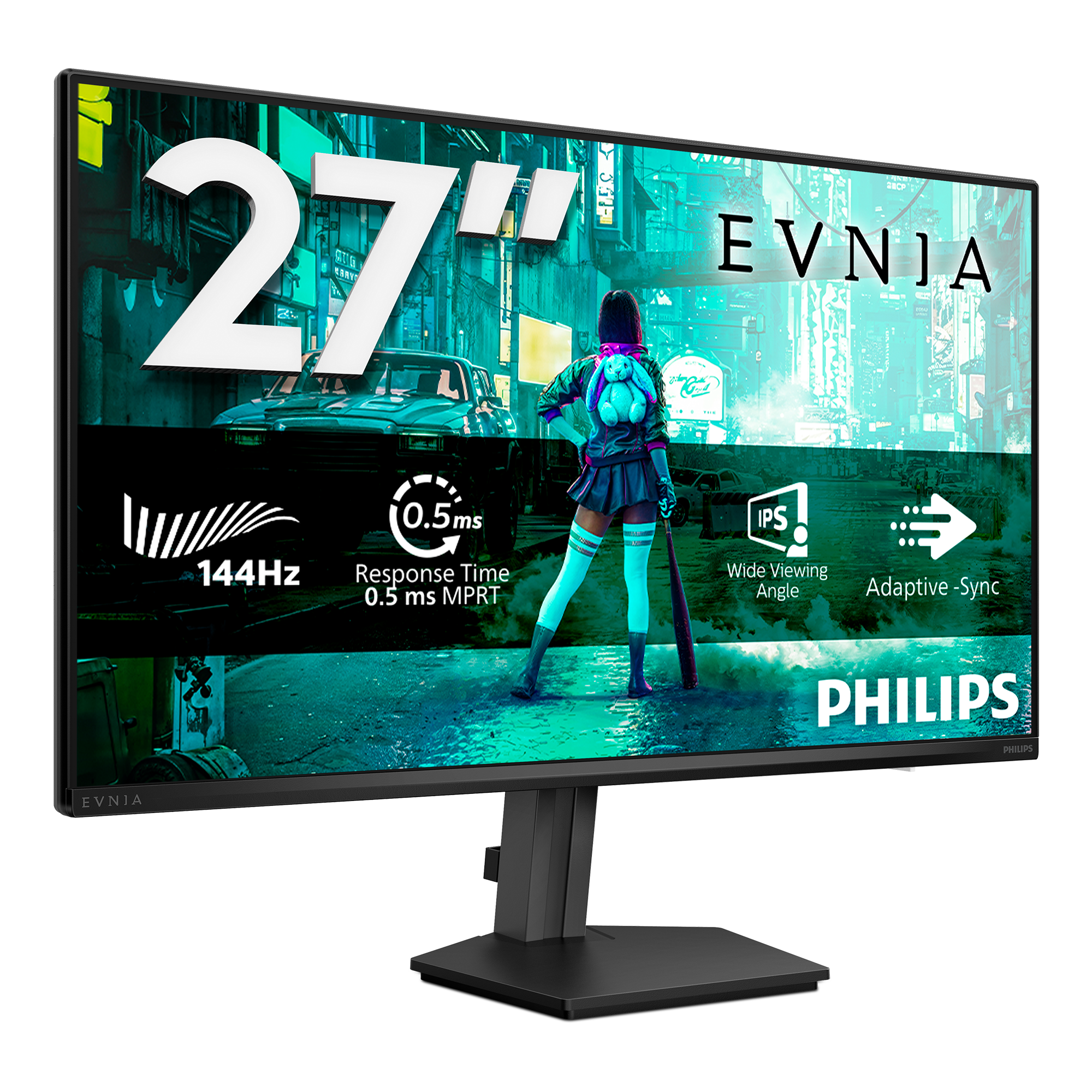 Ein 27-Zoll-Monitor mit einem stilisierten Bild einer Person und technischen Daten.