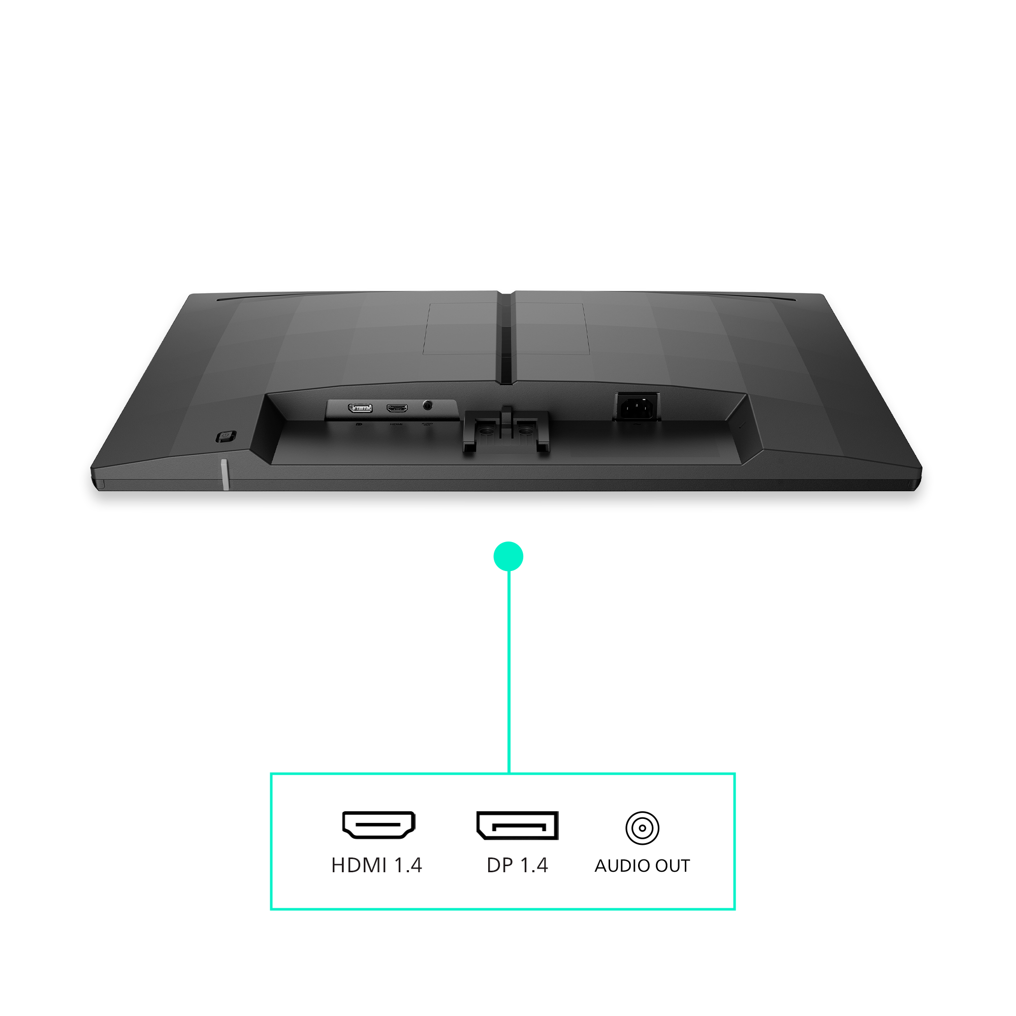 Rückseite eines Monitors mit Anschlüssen: HDMI, DP, Audio Out und Strom.
