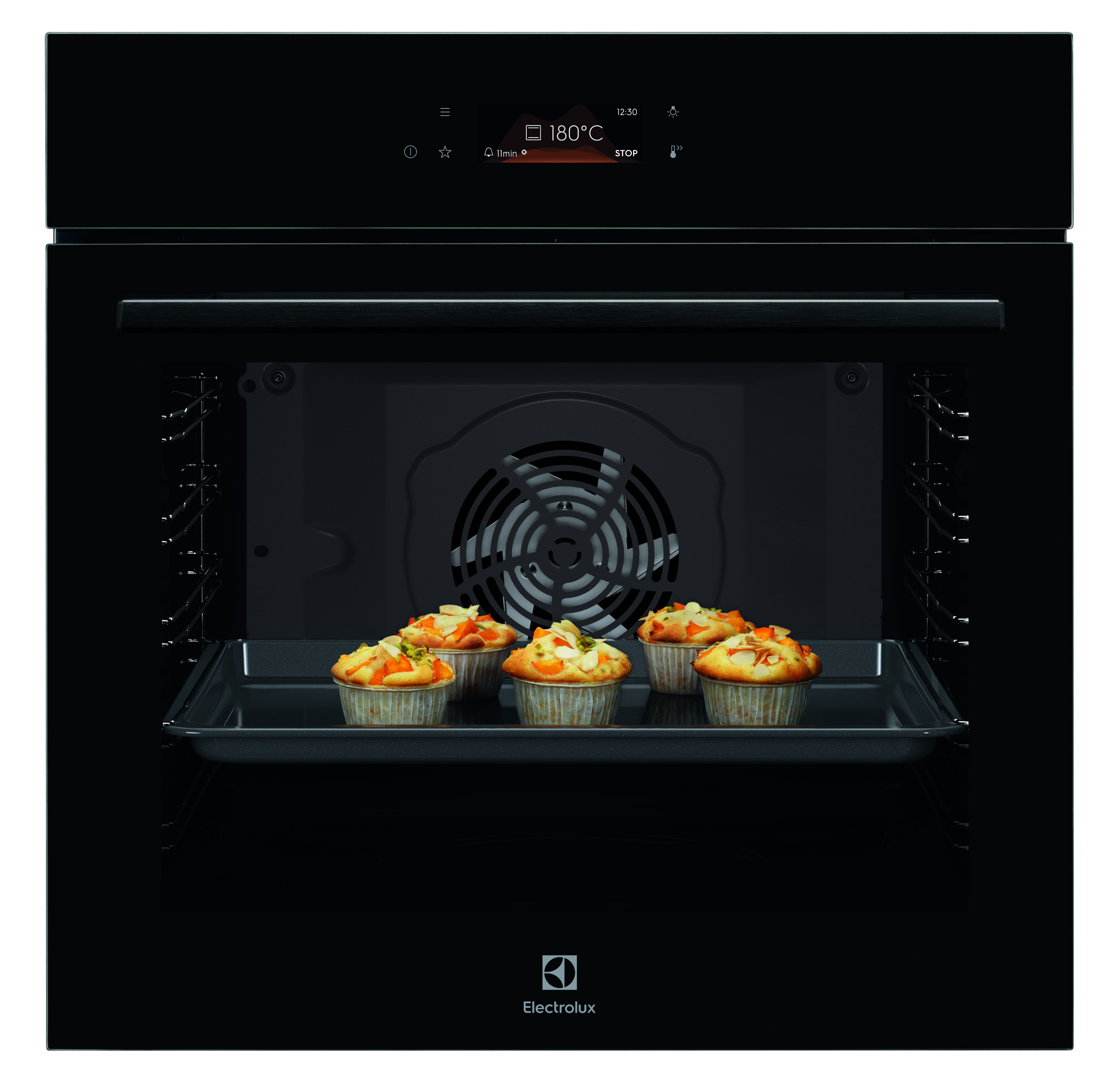 Czarny piekarnik z muffinami w środku, ustawiony na 180°C.