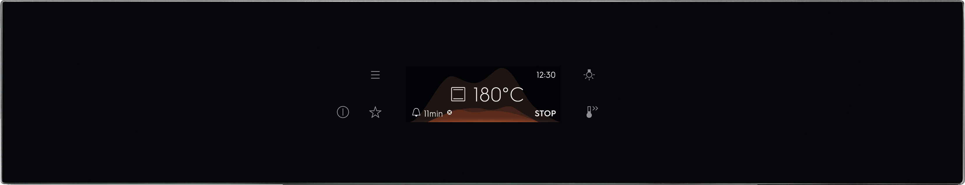 Wyświetlacz piekarnika: 180°C, 11 min, 12:30, STOP.