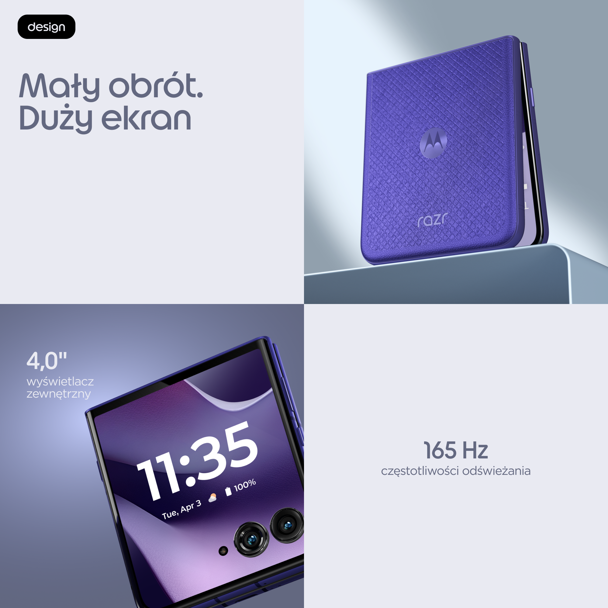 Fioletowy składany telefon Motorola Razr z zewnętrznym wyświetlaczem po lewej stronie.