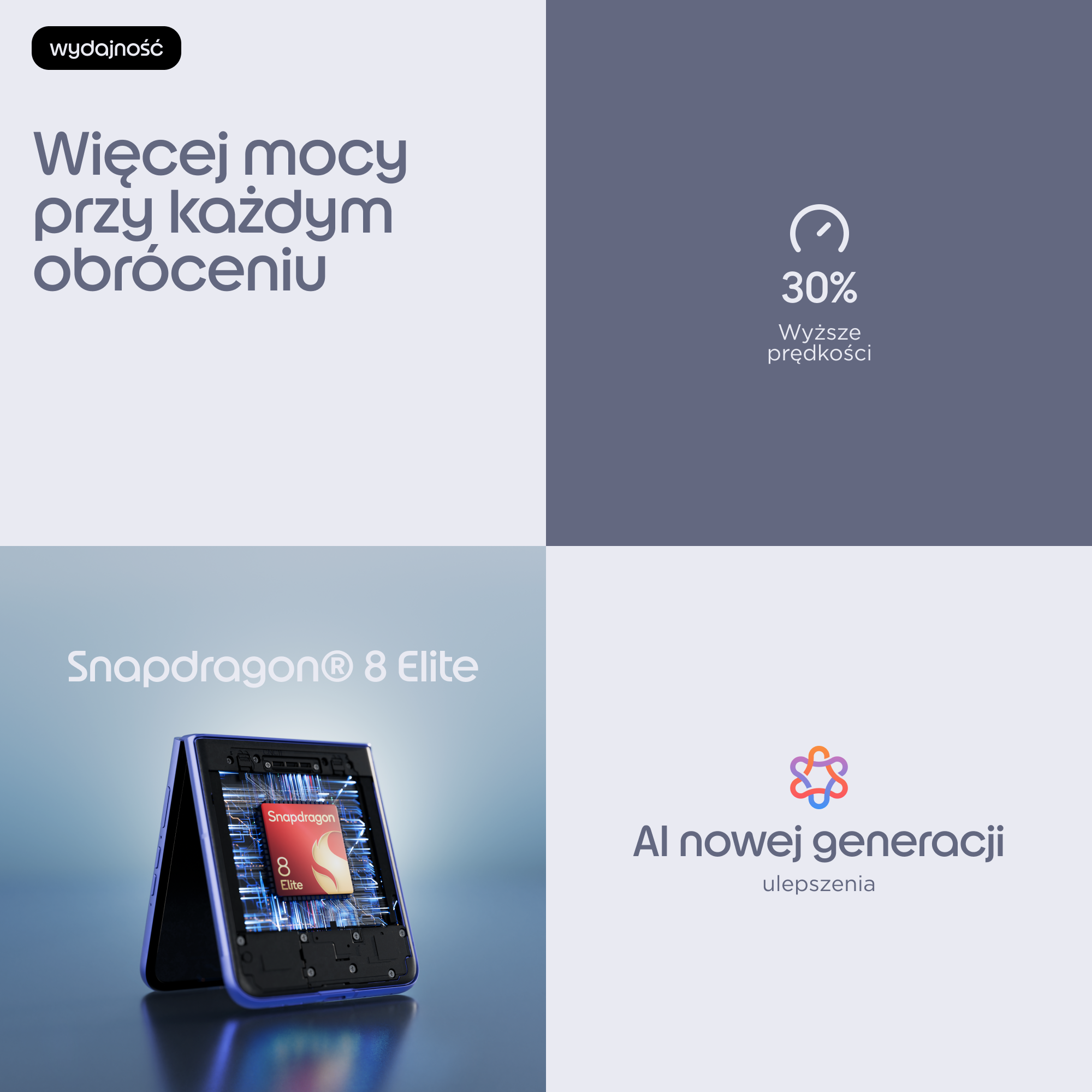 Fioletowy telefon składany pokazuje chip Snapdragon 8 Elite. 30% wyższe prędkości.