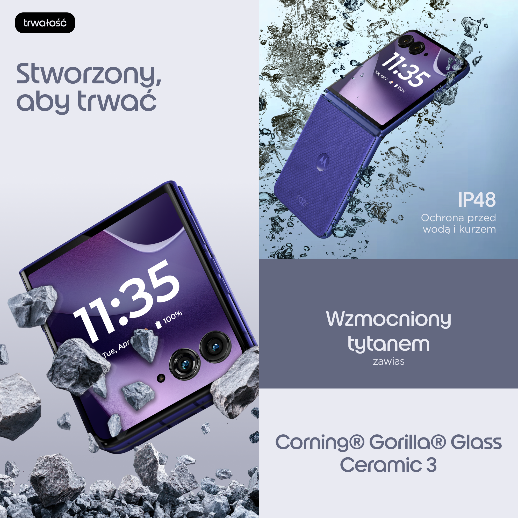 Fioletowy telefon składany z pluskami wody i kamieniami. Pokazuje 11:35 i stopień IP48.