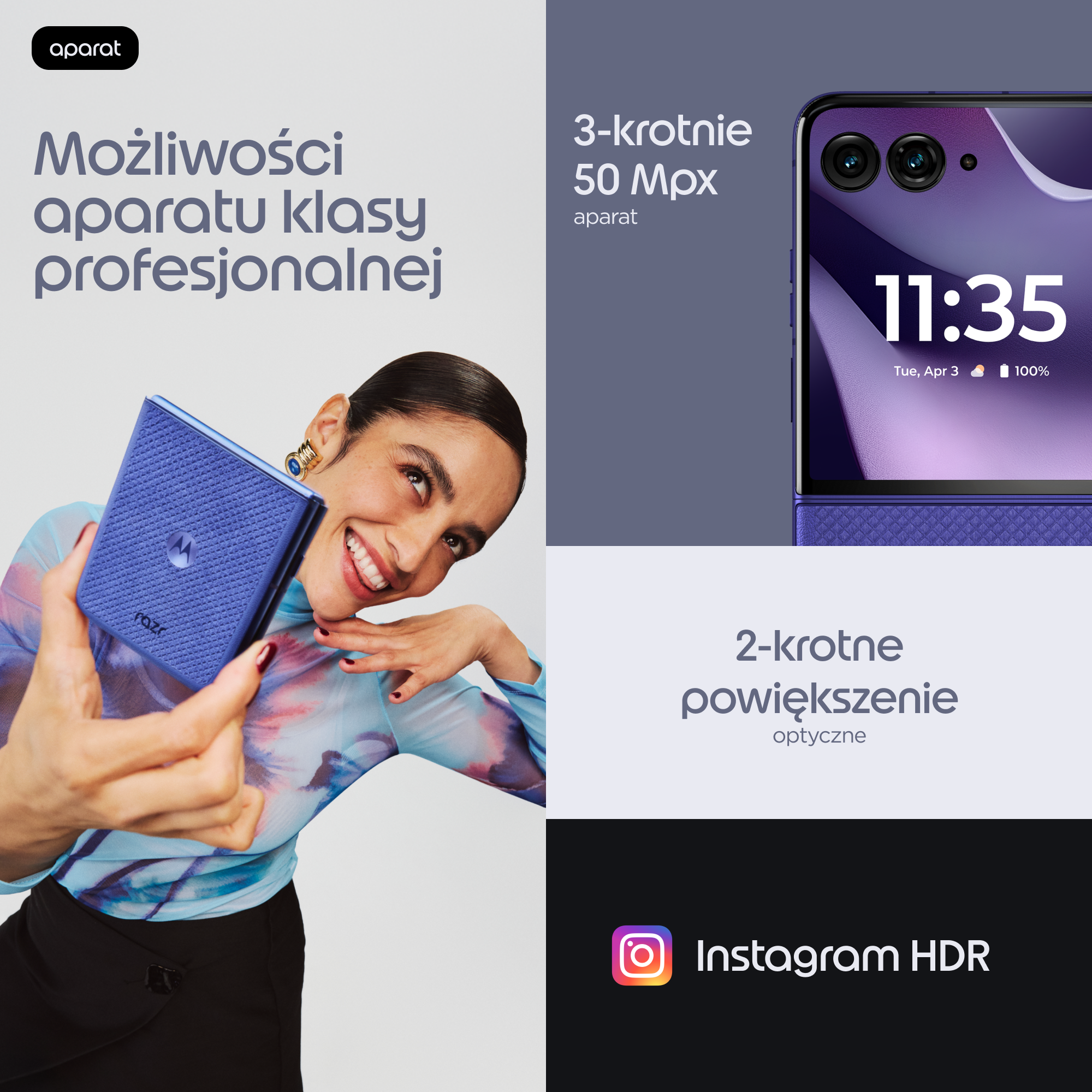 Kobieta trzyma niebieski telefon składany. Na ekranie jest 11:35.