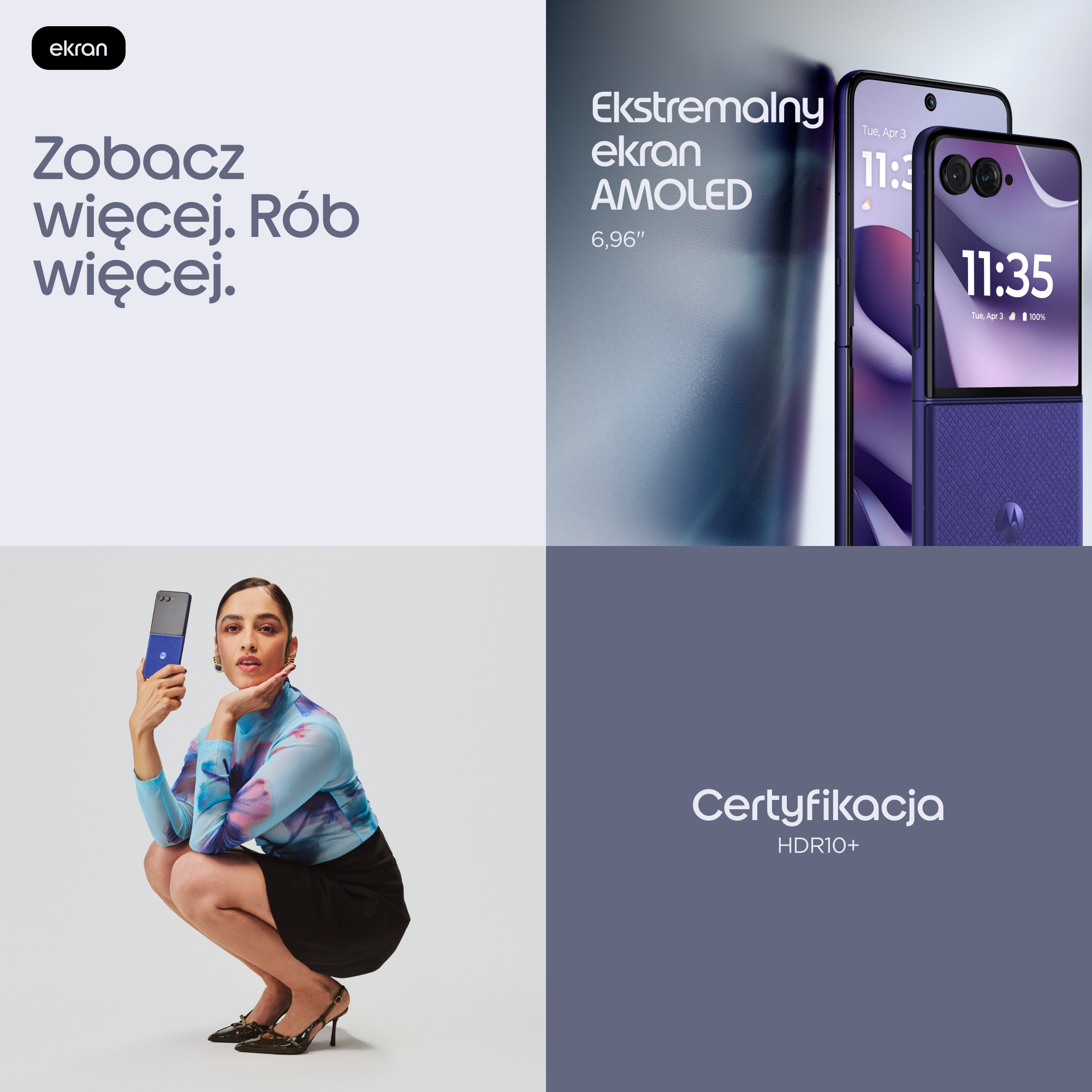 Telefon z dużym ekranem AMOLED i kobieta trzymająca go.