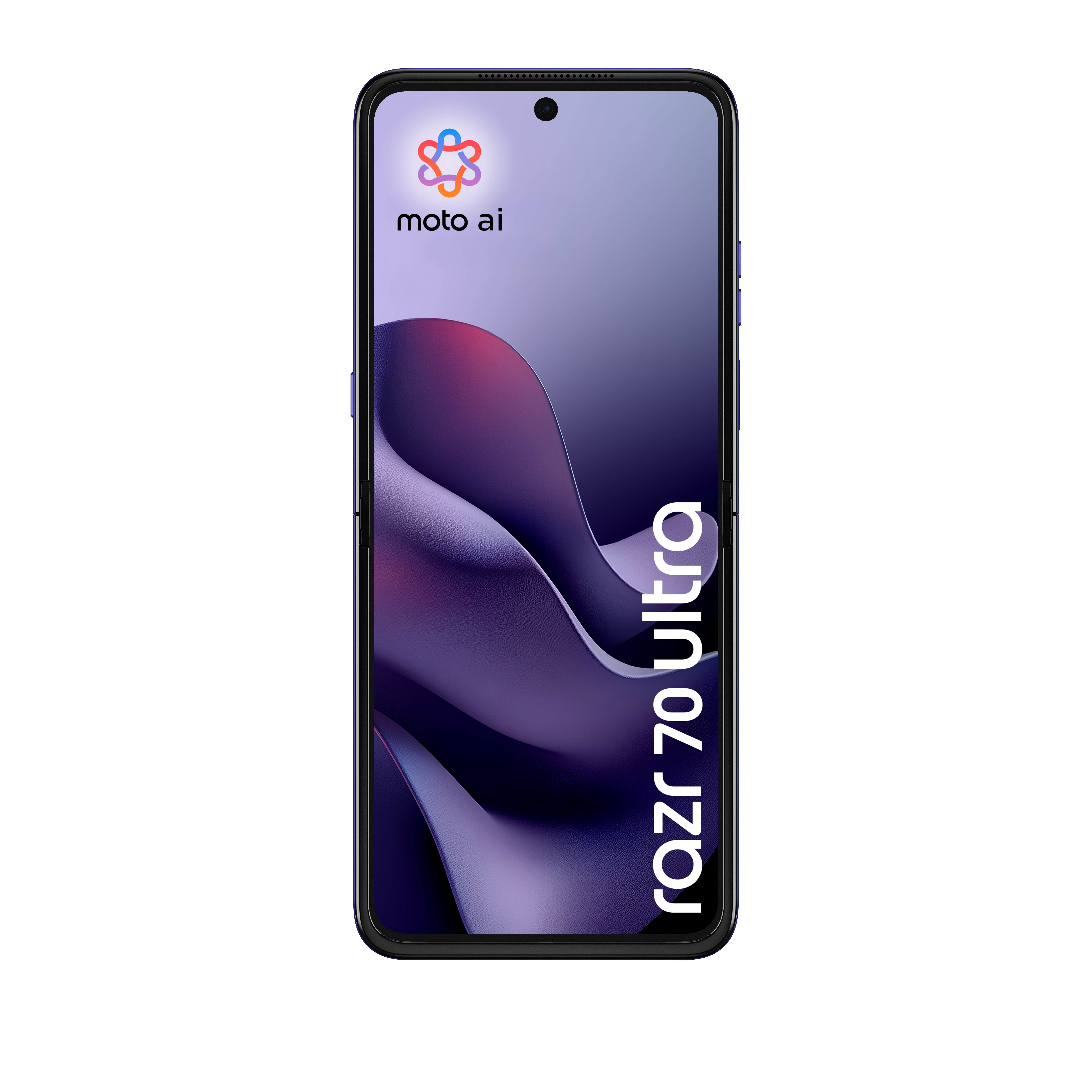 Niebieski smartfon Motorola Razr 70 Ultra wyświetla logo moto ai na ekranie.