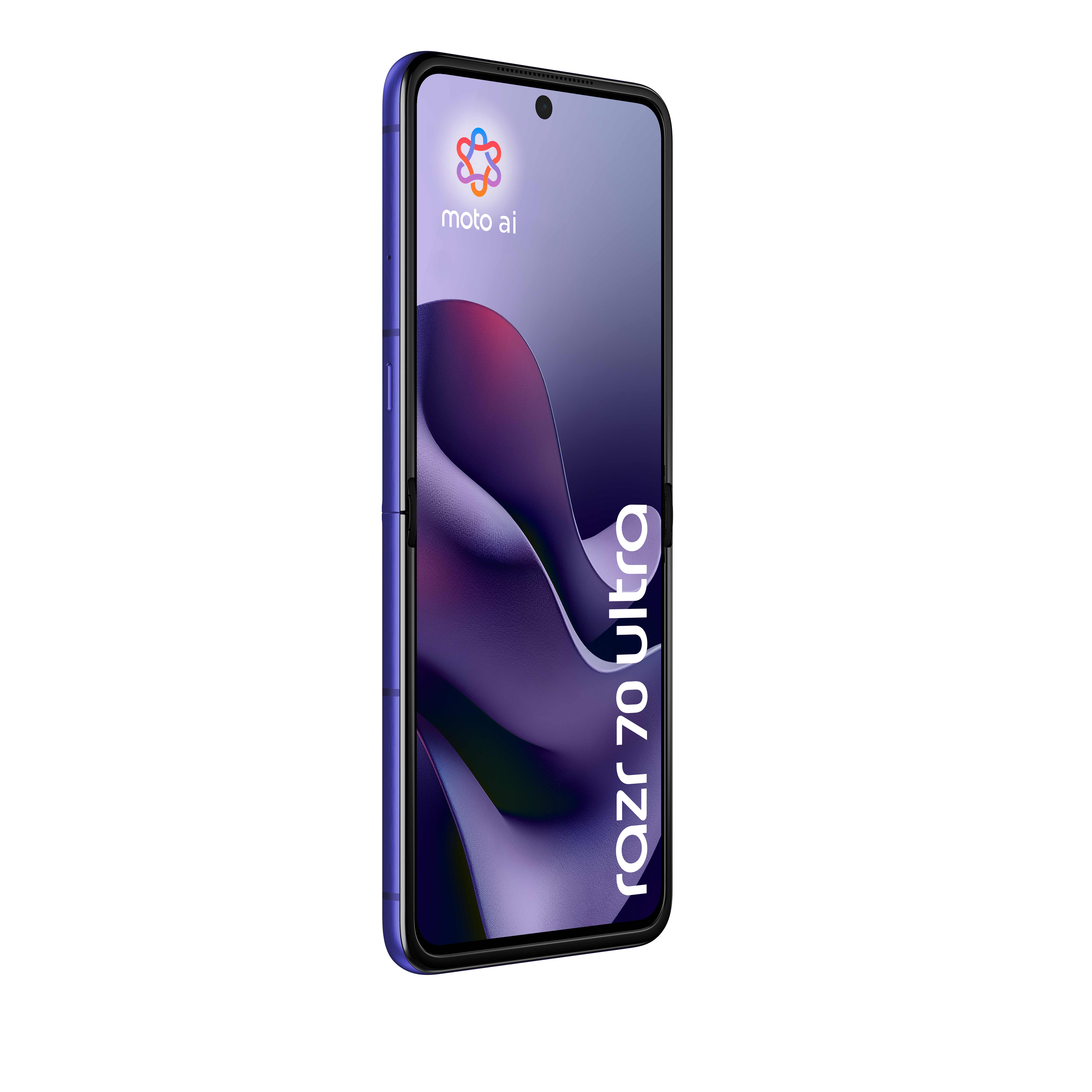 Fioletowy smartfon Motorola Razr 70 Ultra z artystycznym tłem.