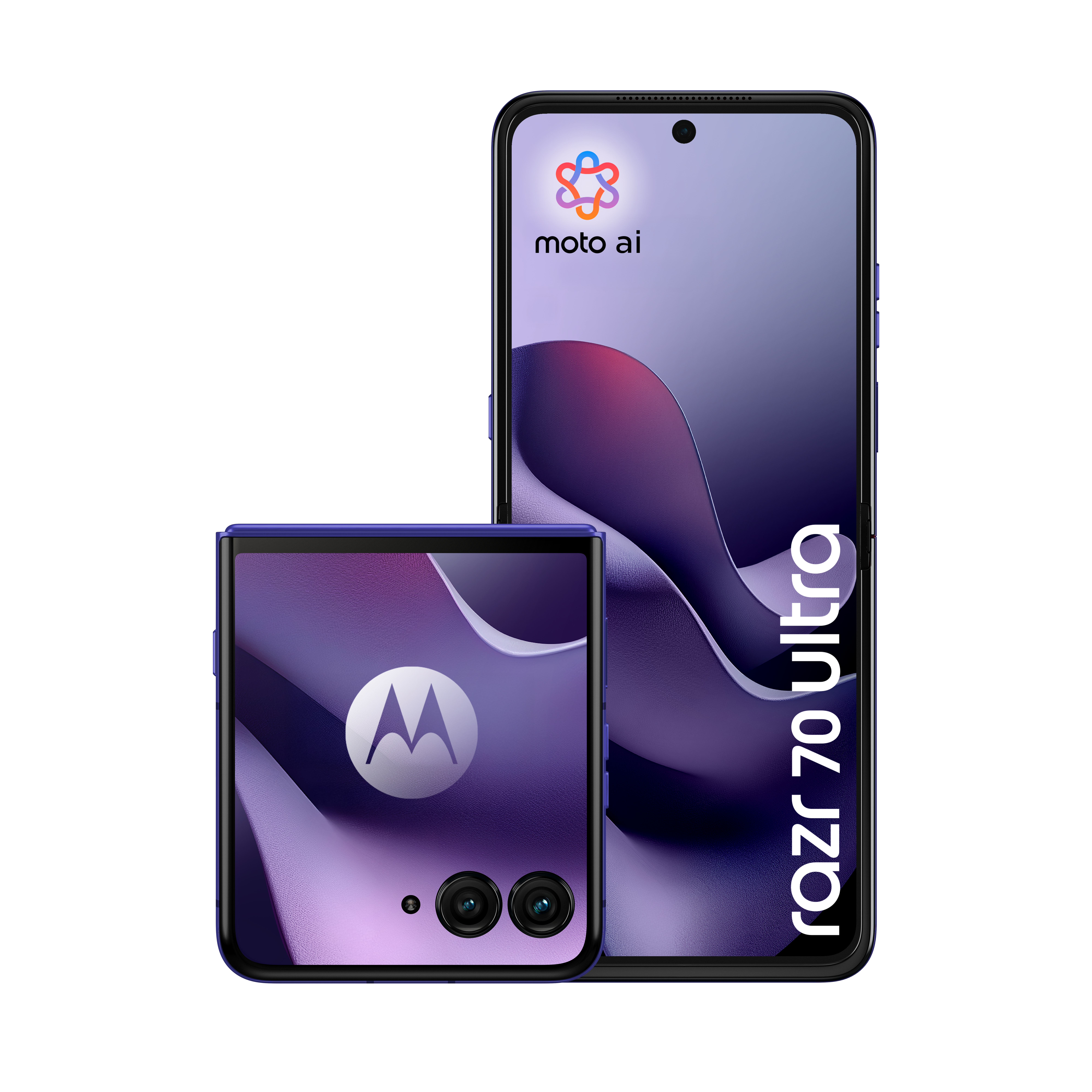 Otwarte i zamknięte fioletowe smartfony Motorola Razr 70 Ultra.