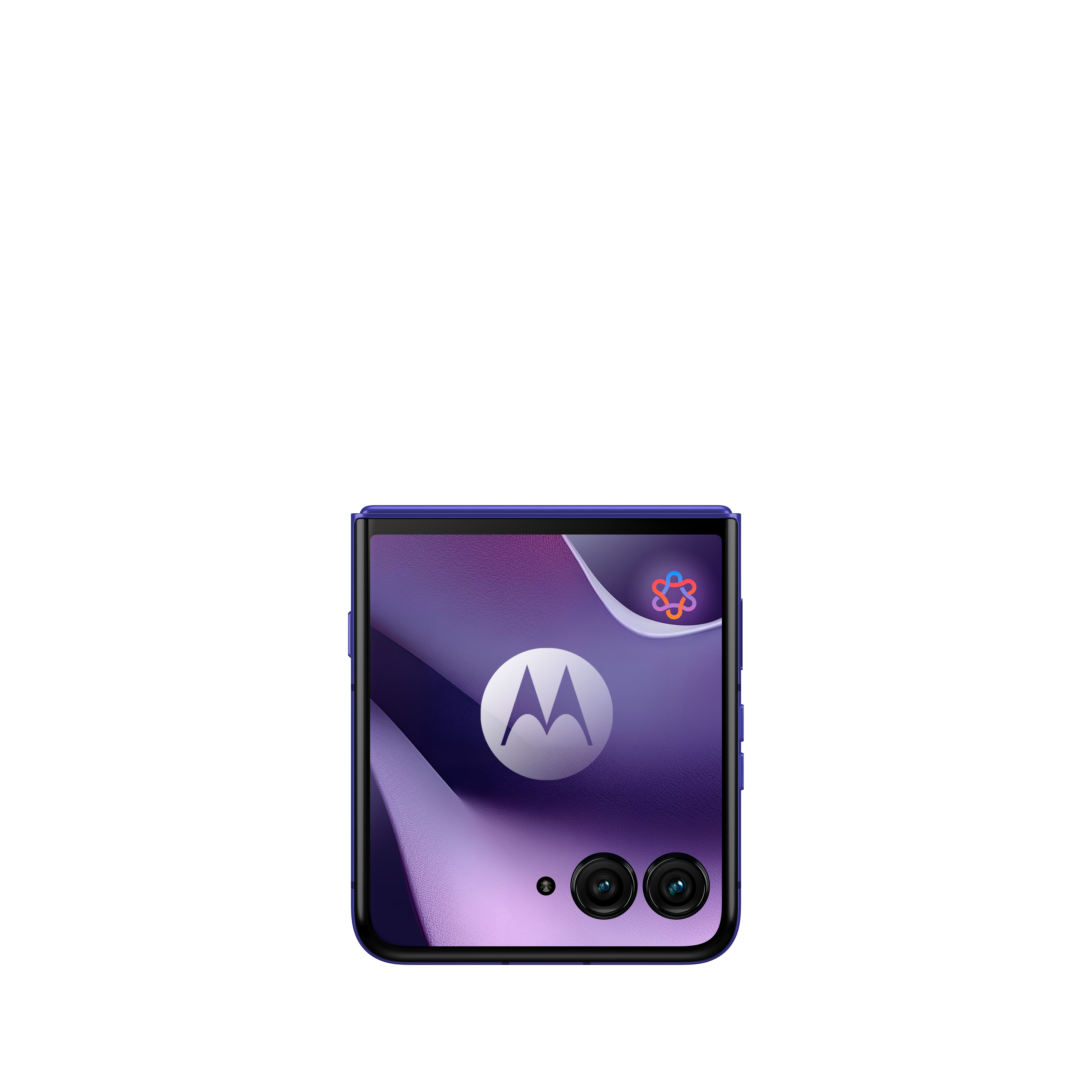 Fioletowy telefon Motorola typu flip z dwoma aparatami i logo.
