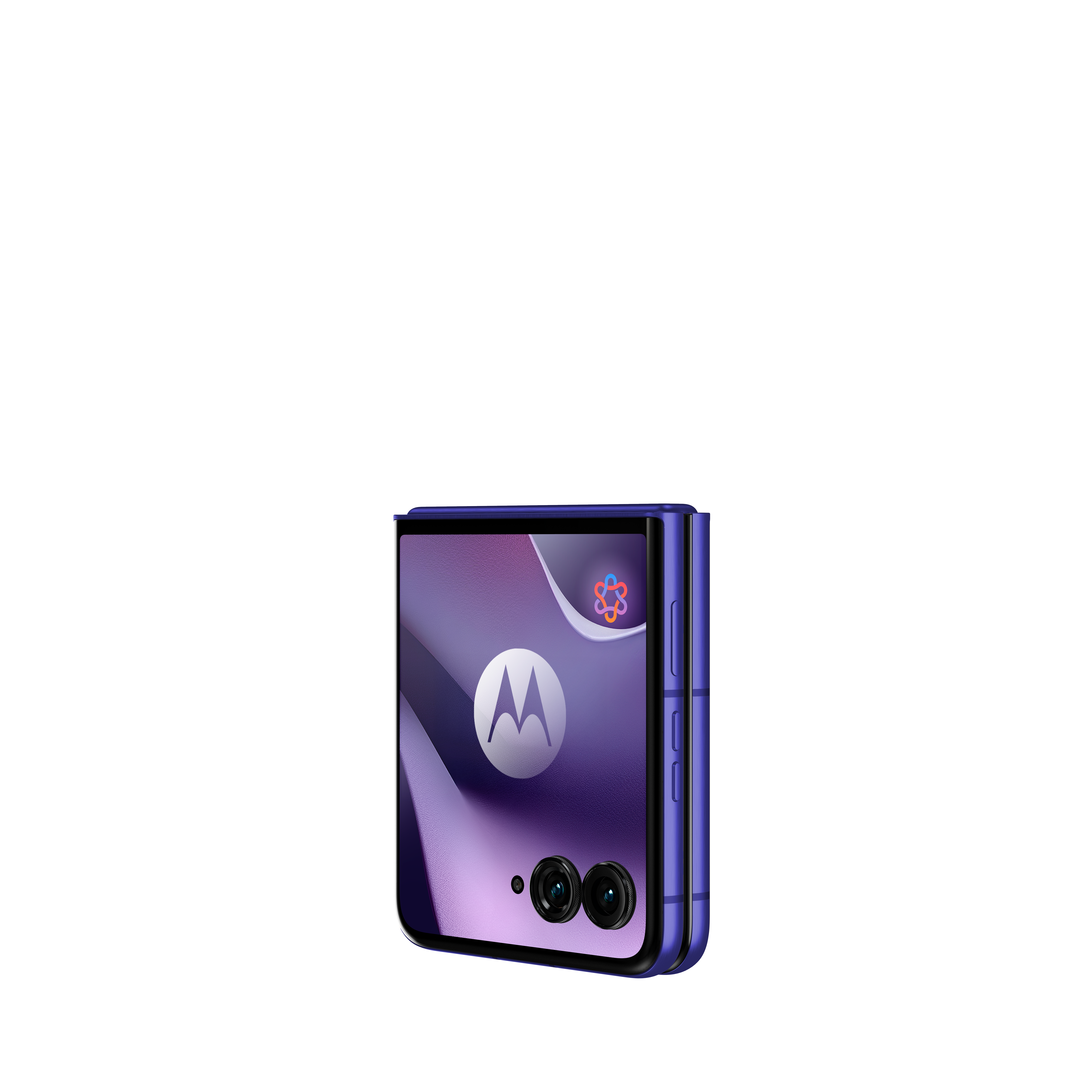 Fioletowy telefon z klapką, logo Motorola i dwoma aparatami.