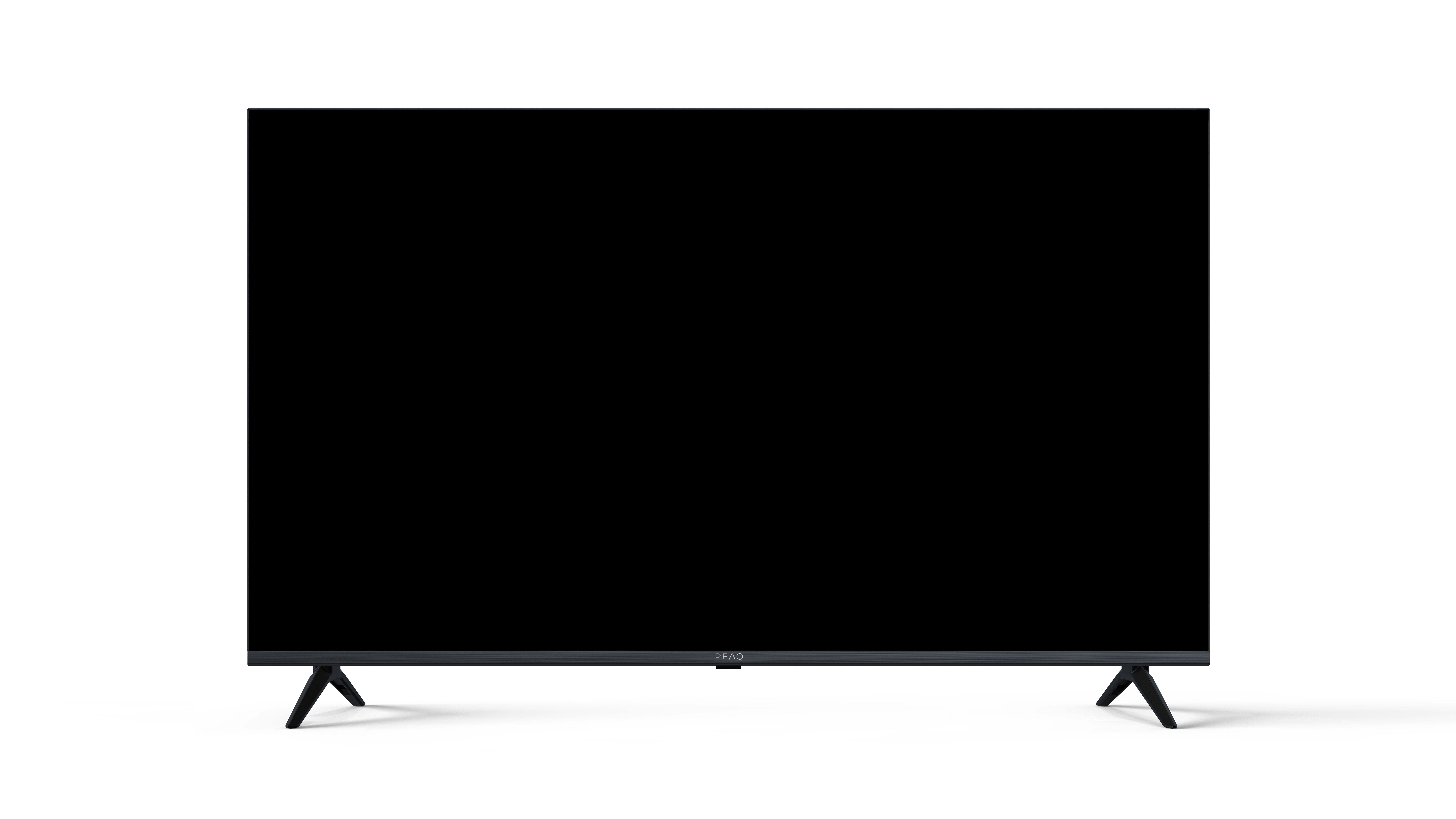 Ein moderner schwarzer Fernseher mit einem breiten Bildschirm steht auf zwei Beinen.