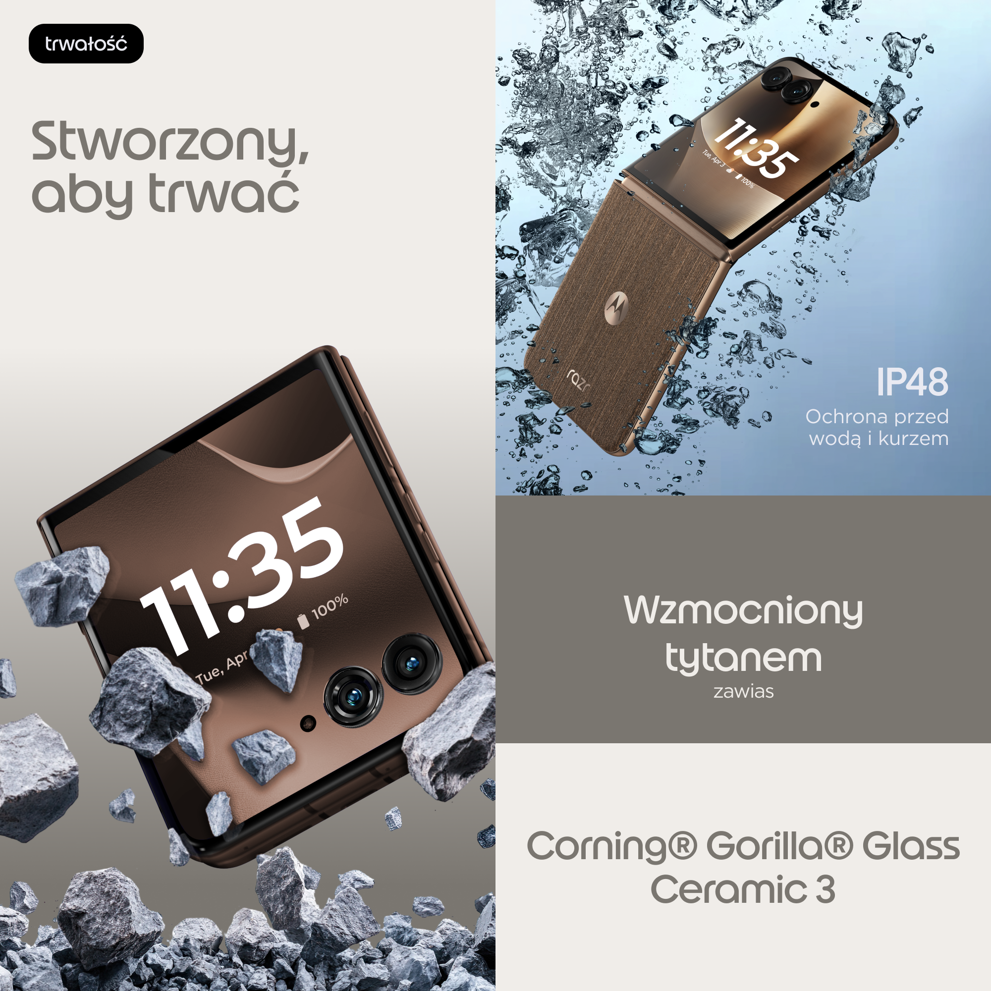 Brązowy telefon składany z Corning Gorilla Glass Ceramic 3 otoczony kamieniami.